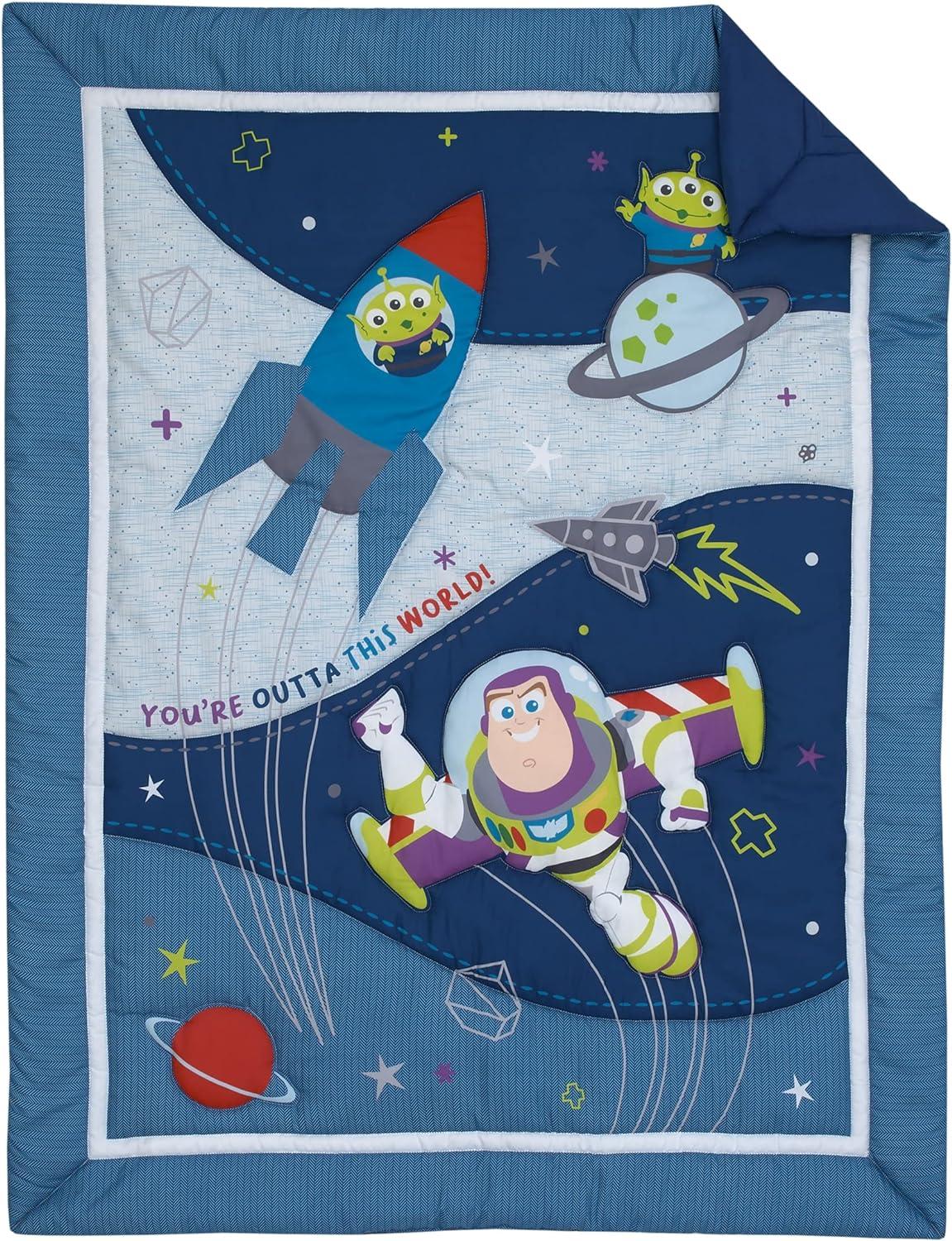 NoJo Disney Toy Story Outta This World Blue and Gray 3 Piece Nursery Crib Bedding Set - Comforter,  Fitted Crib Sheet, and Crib Skirt