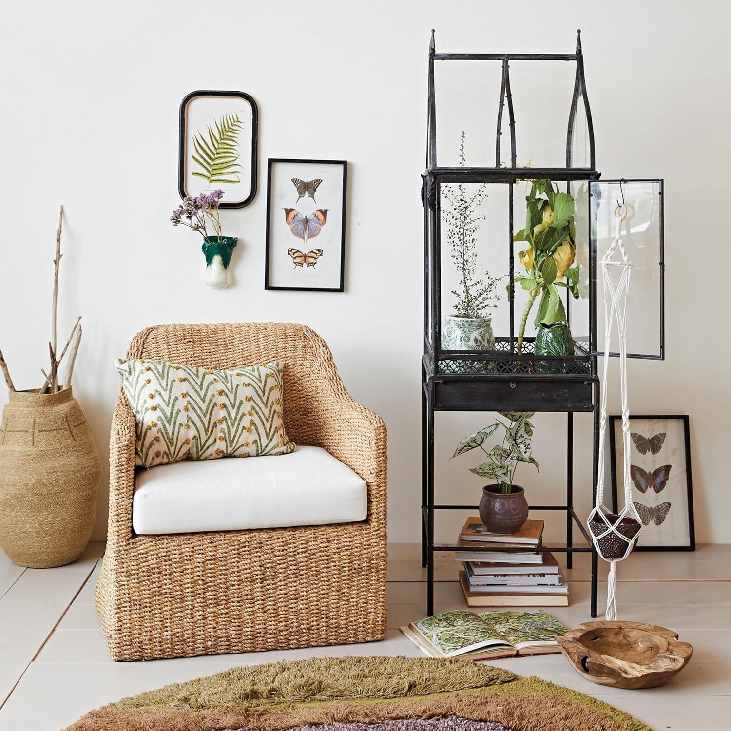 Natural and Cream Woven Water Hyacinth and Acacia Wood Outdoor Lounge Chair with White Cushion