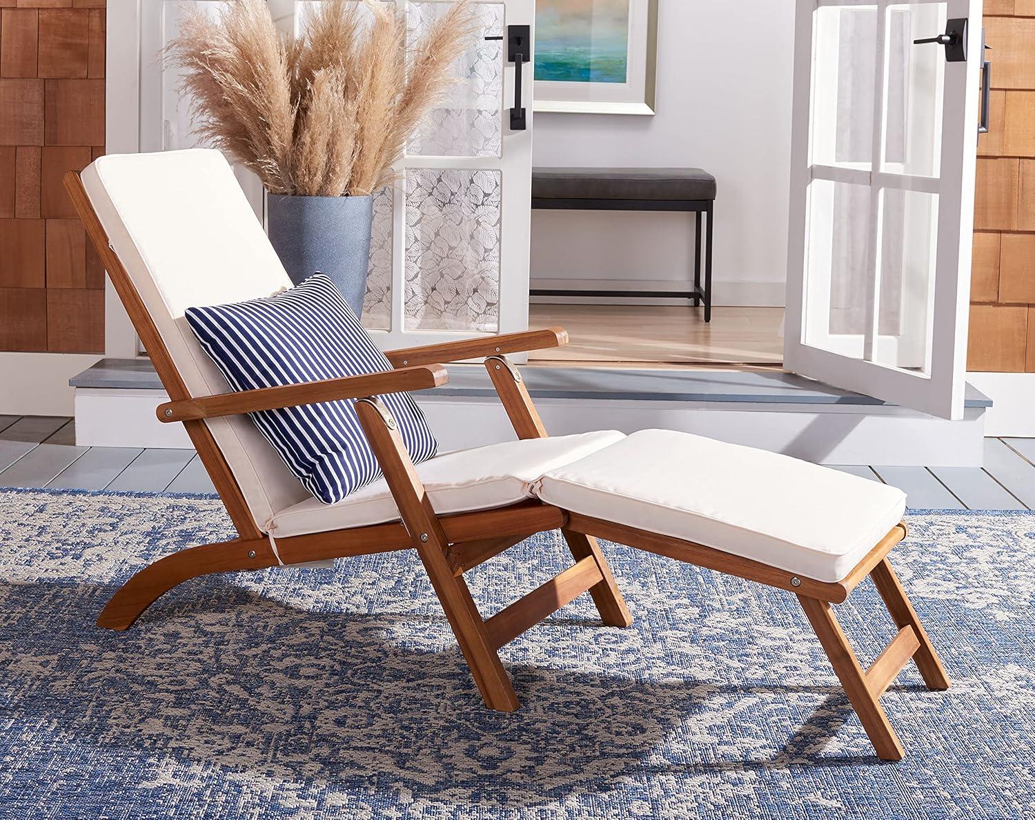 Palmdale Lounge Chair - Outdoor - PAT7015 - Natural/Beige + Blue Stripped Pillow -Safavieh