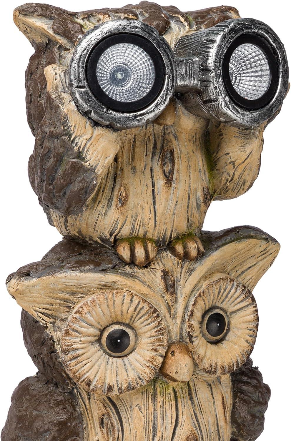 Solar Three Stacked Binocular Owls Polyresin Statue with LED Lights - Alpine Corporation: Garden Decor Sculpture with NiMH Battery