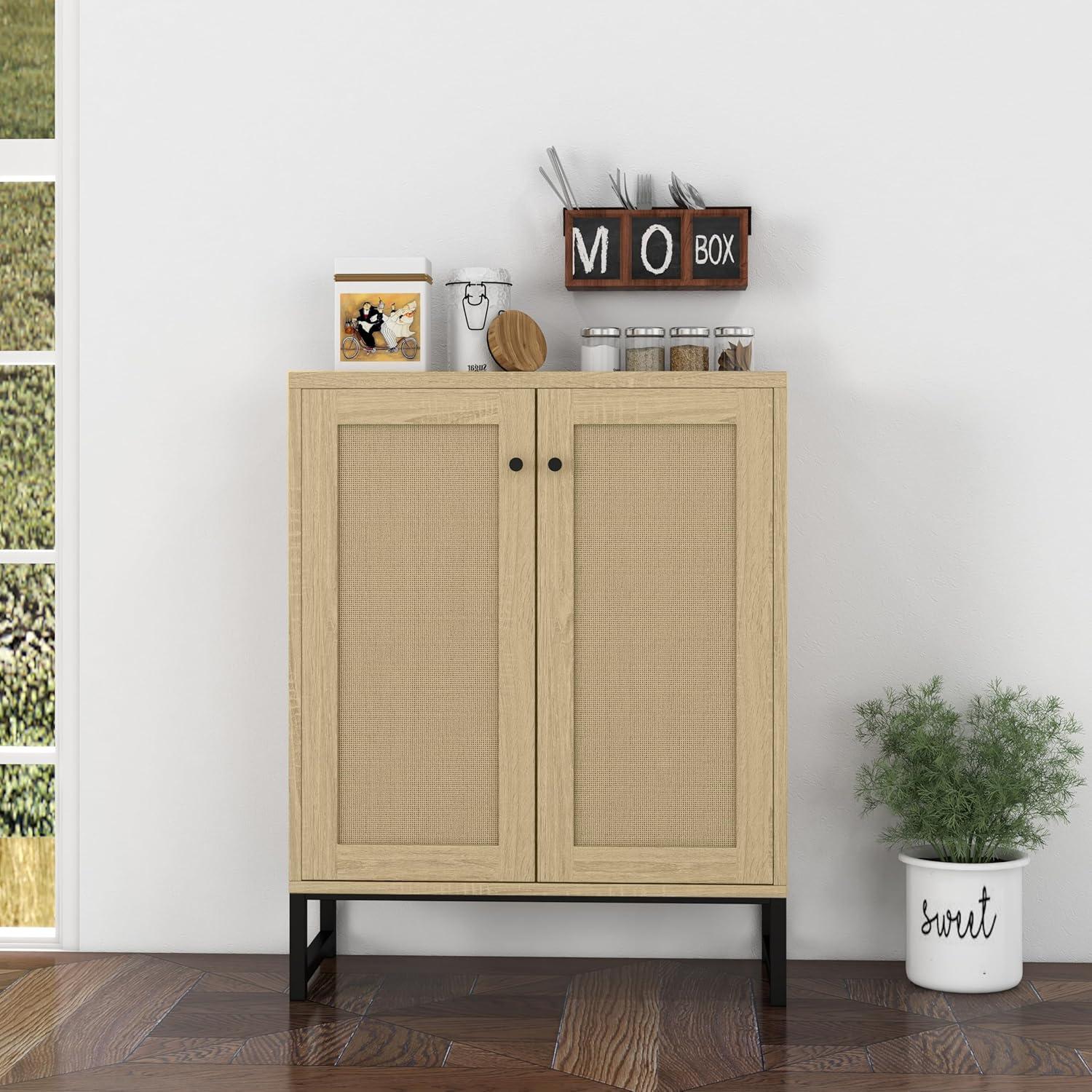 Natural Rattan Decorated Wooden Storage Cabinet with Dual Doors