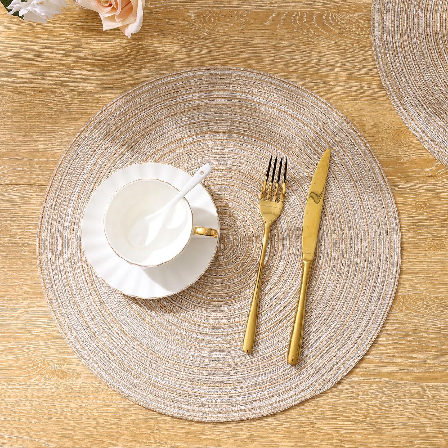 Asija Placemats，Round Cotton Braided Table Place Mats Braided Coaster Placemas Non-Slip Table Mats Placemats Set of 4 for in door Dining Kitchen Table Washable 15 inch