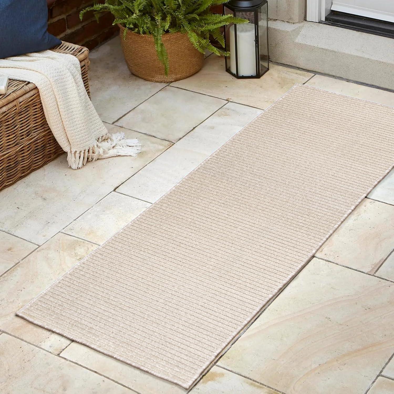 Ivory Cream Striped Synthetic Reversible Runner Rug 2' x 8'