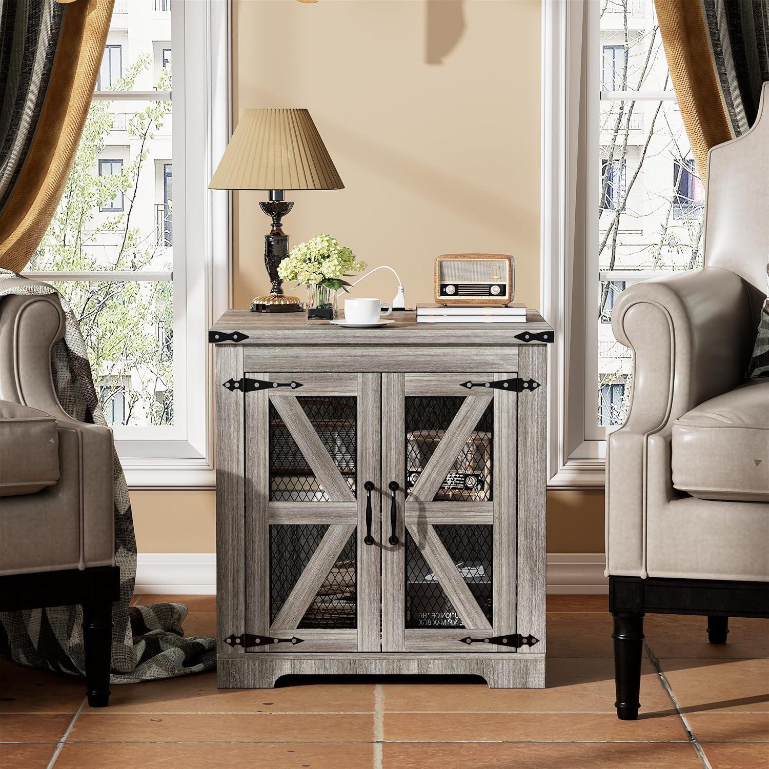 Rustic Gray Wood Farmhouse End Table with Charging Station