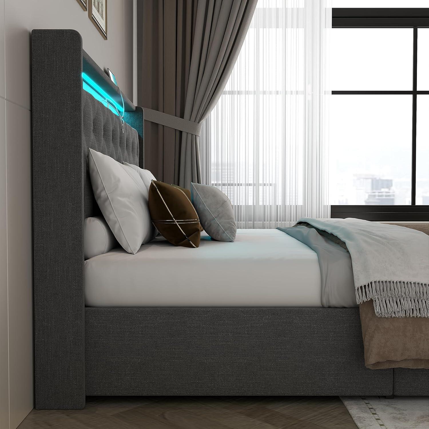 Dark Gray Full Upholstered Lift-Up Bed with LED and Charging Station