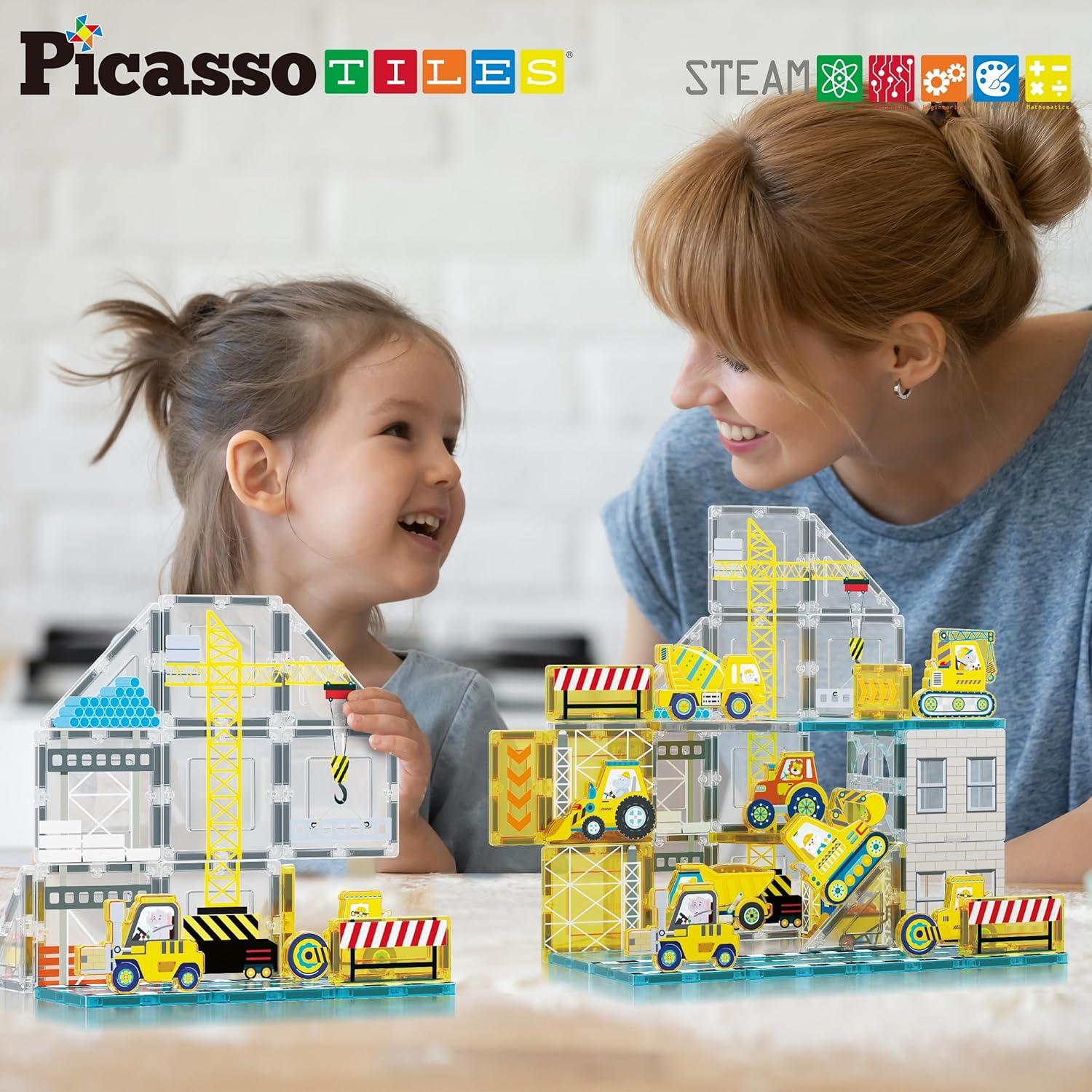Picasso-TILES 45 PC Construction Themed, Magnetic Tiles, Magnetic Building Blocks for Kids, Magnet for Kids 3+