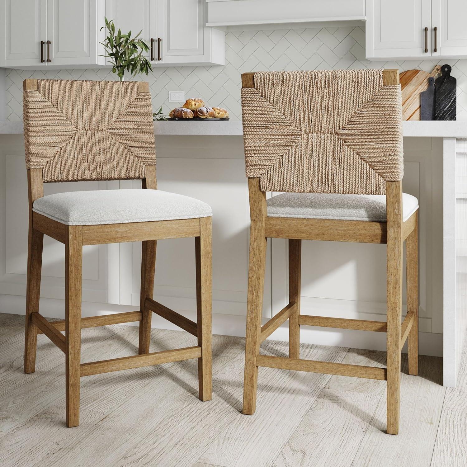 Nathan James Set of 2 Beacon Seagrass Counter Height Barstools Cream Boucle