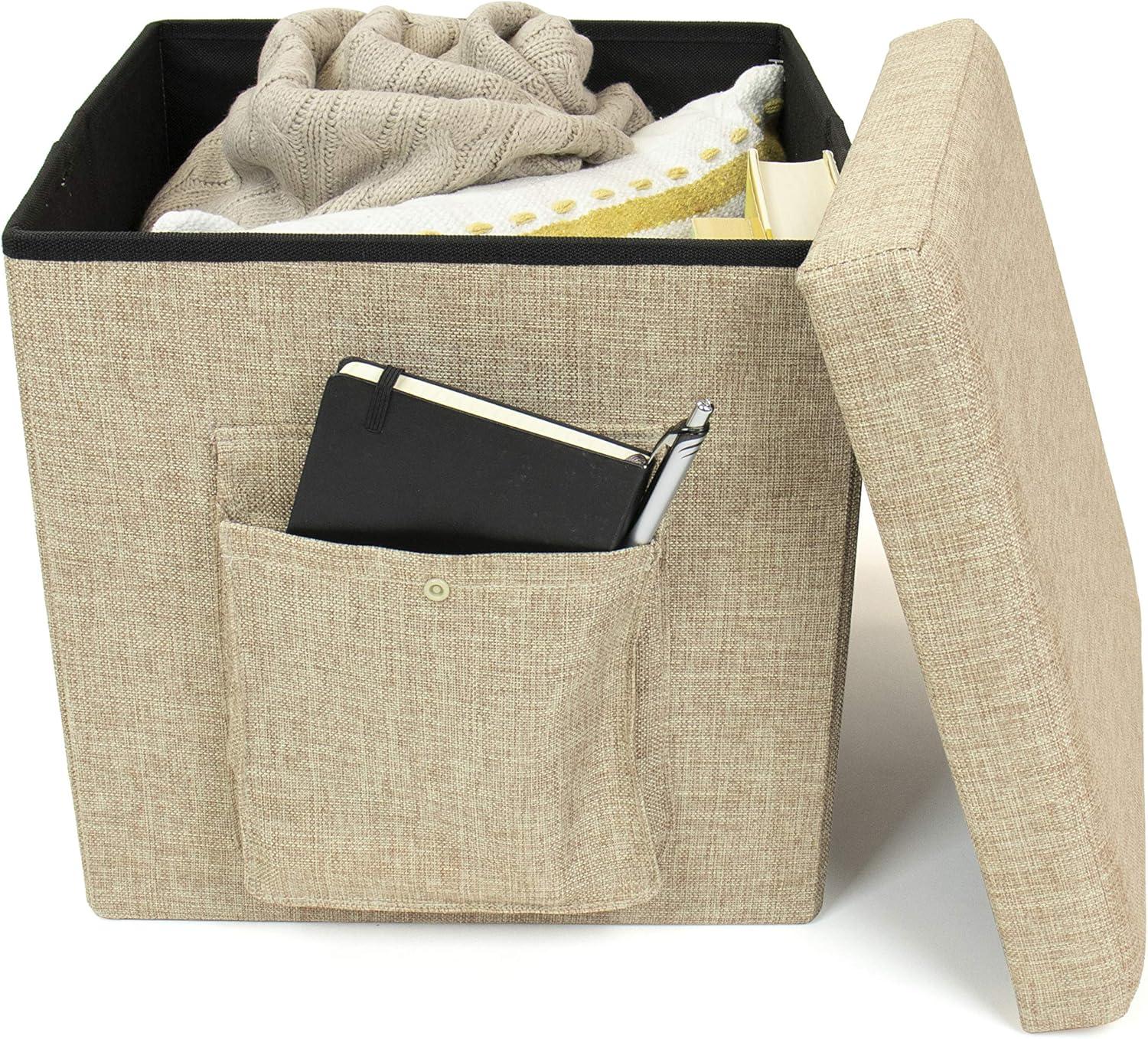 Heathered Khaki Folding Storage Ottoman with Exterior Pocket