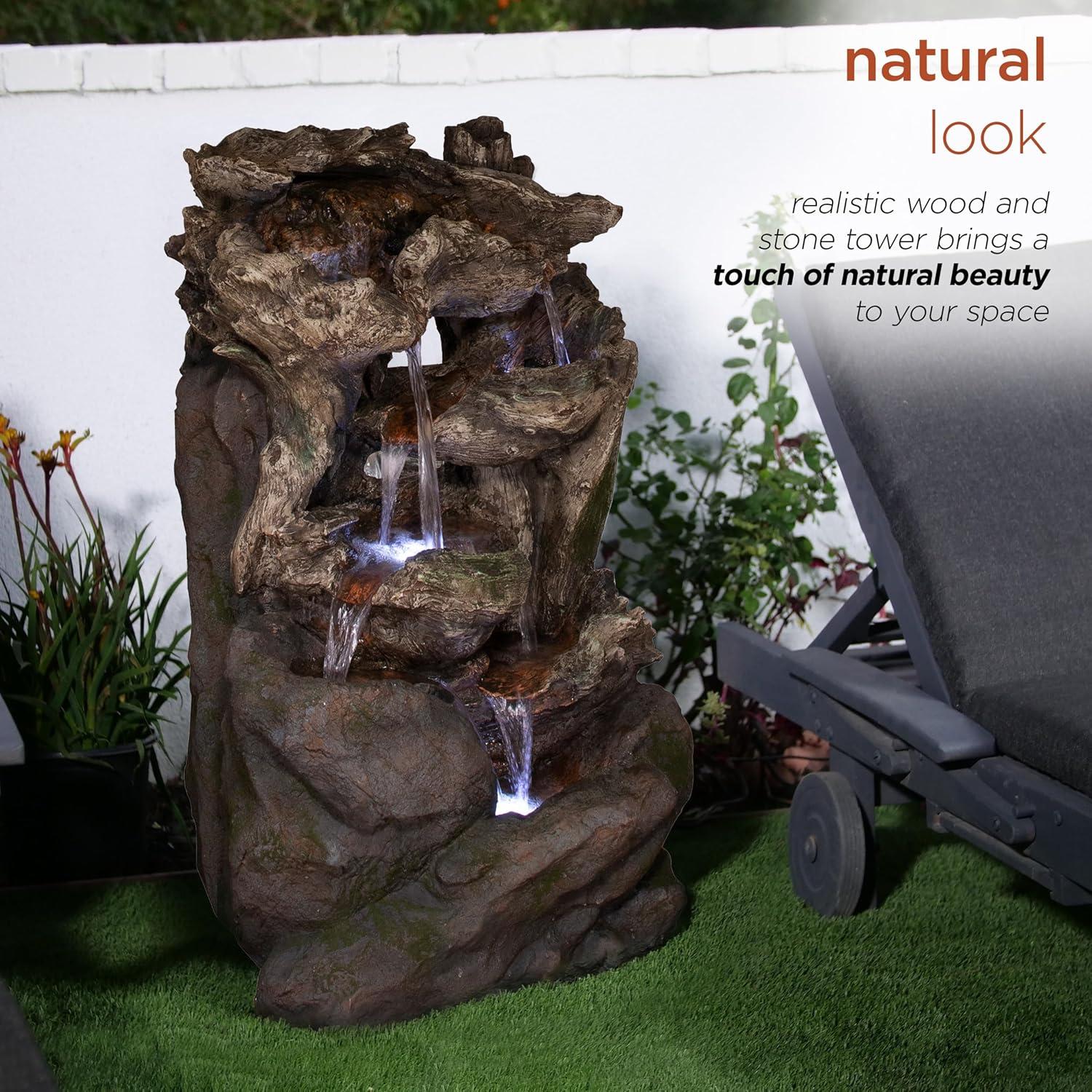 Alpine Corporation 40" 6 Tiered Resin Rainforest Waterfall Fountain With LED Lights -Brown: Weather-Resistant, Electric Powered