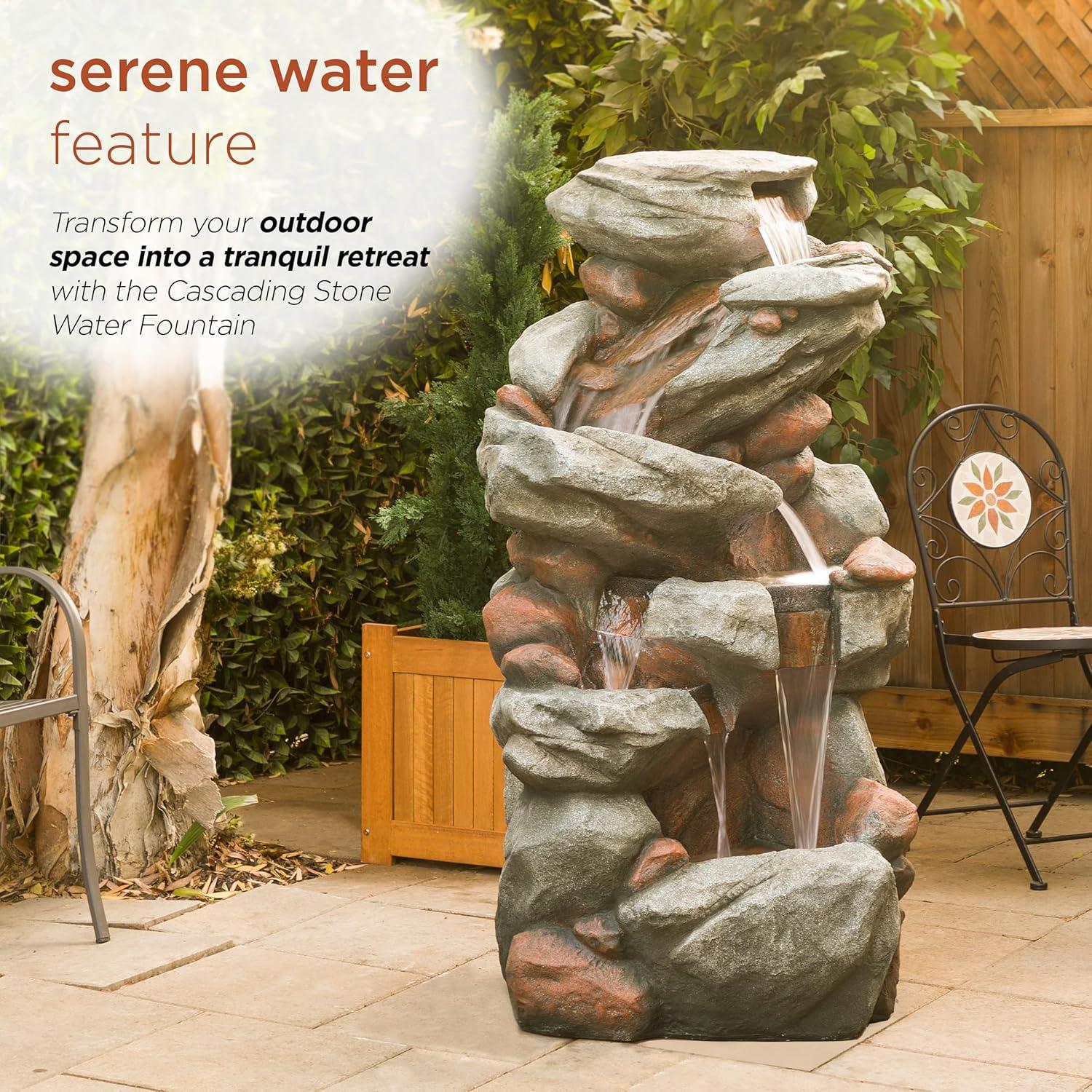 Gray Cascading Stone Outdoor Fountain with LED Lights, 53"