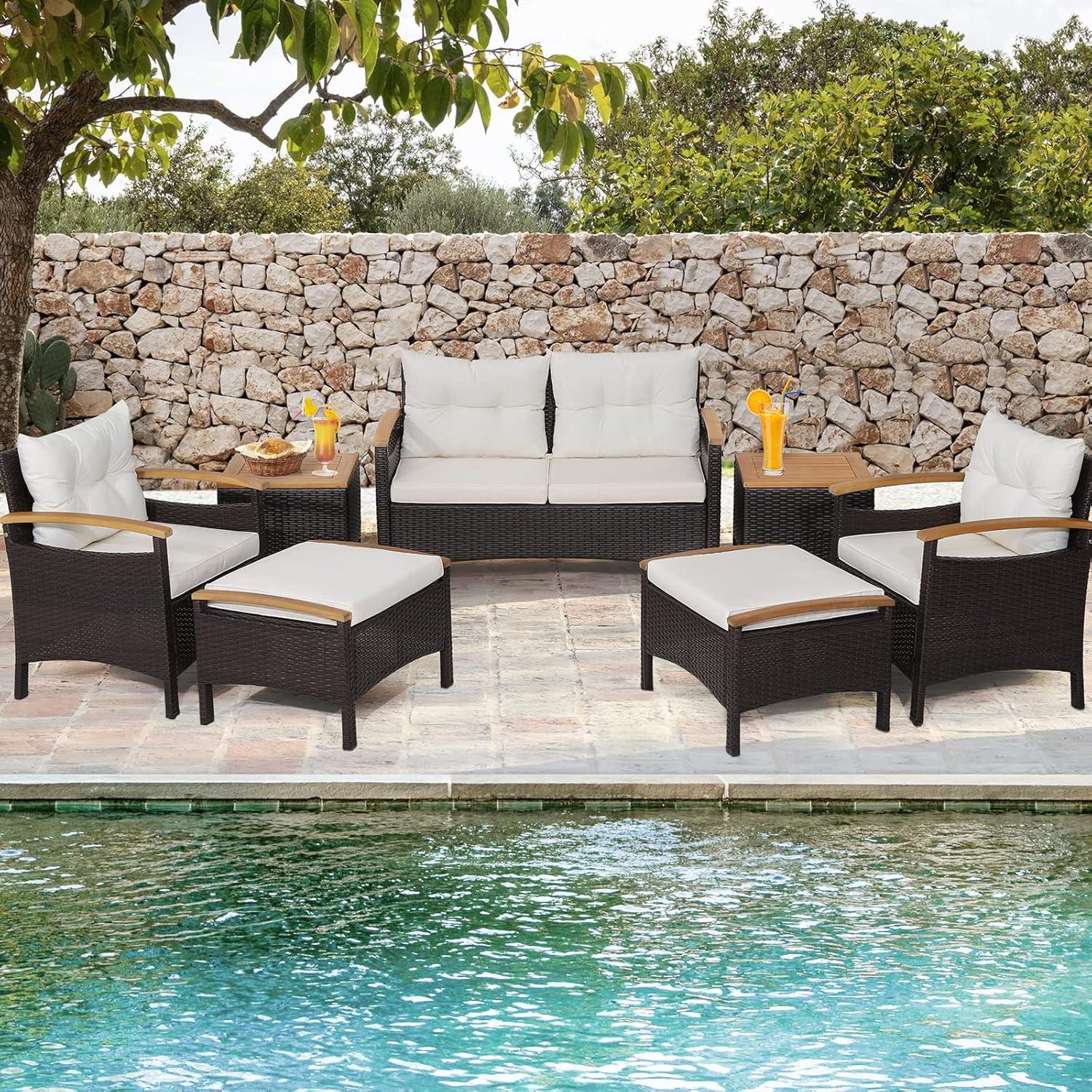 7-Piece Mix Brown Rattan Patio Sofa Set with Off-White Cushions and Acacia Wood