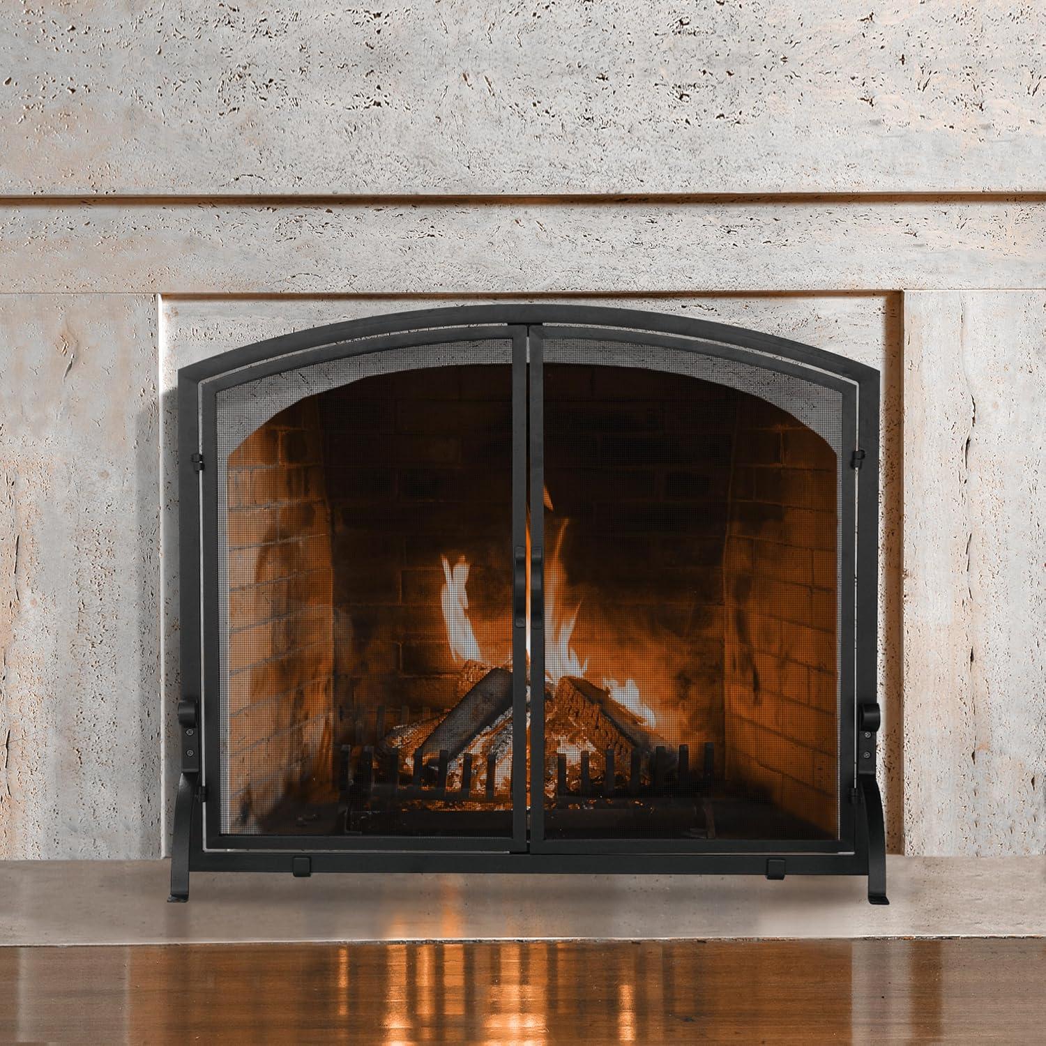 UniFlame Single Panel Black Wrought Iron Screen with Doors