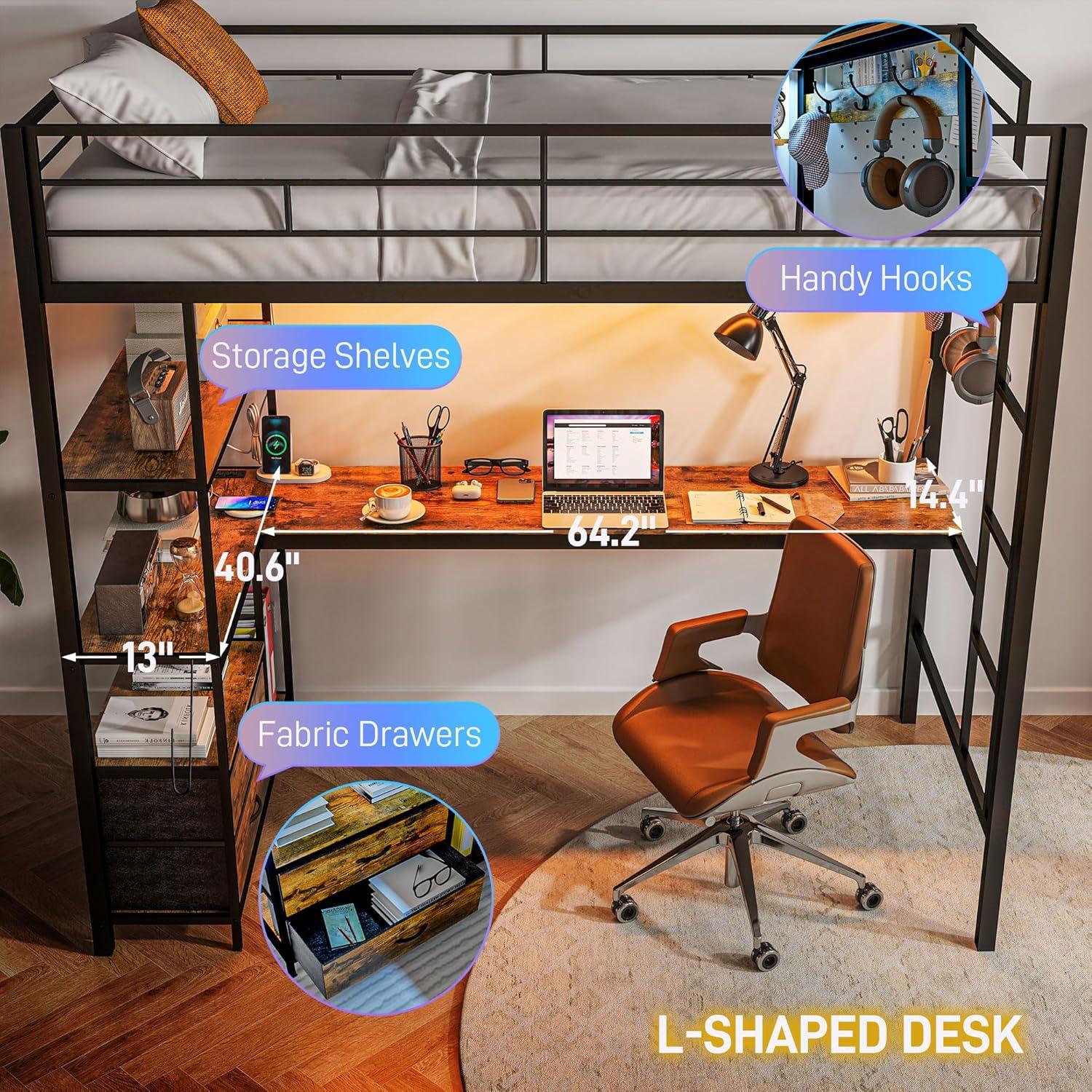 HOMCOM Twin Loft Bed with Desk, LED Lights, Charging Station, Twin Size Metal Loft Bed Frame with Safety Guardrail, Ladder, Noise Free, Black