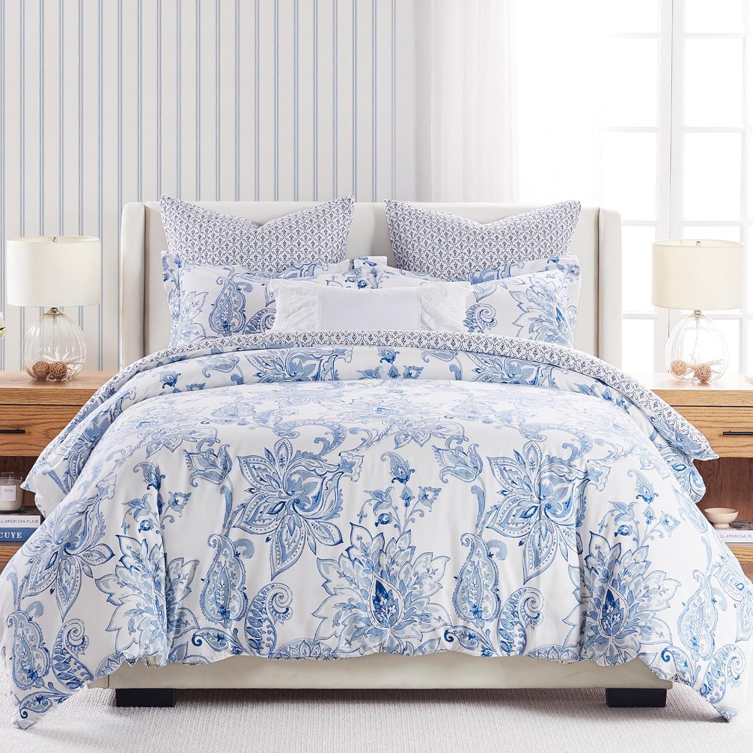 Full/Queen Blue and White Cotton Floral Paisley Duvet Cover Set