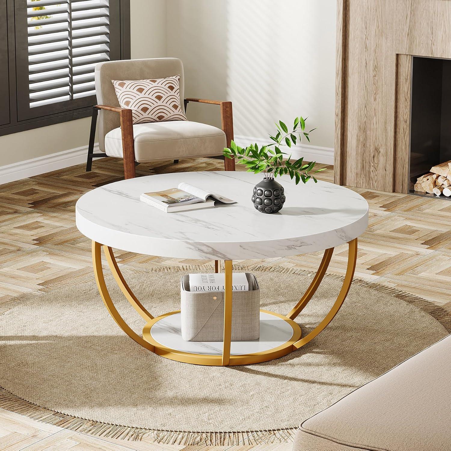 Kepooman Wooden Coffee Table, 2-Tier Round Central Cocktail Table with Shelves,White