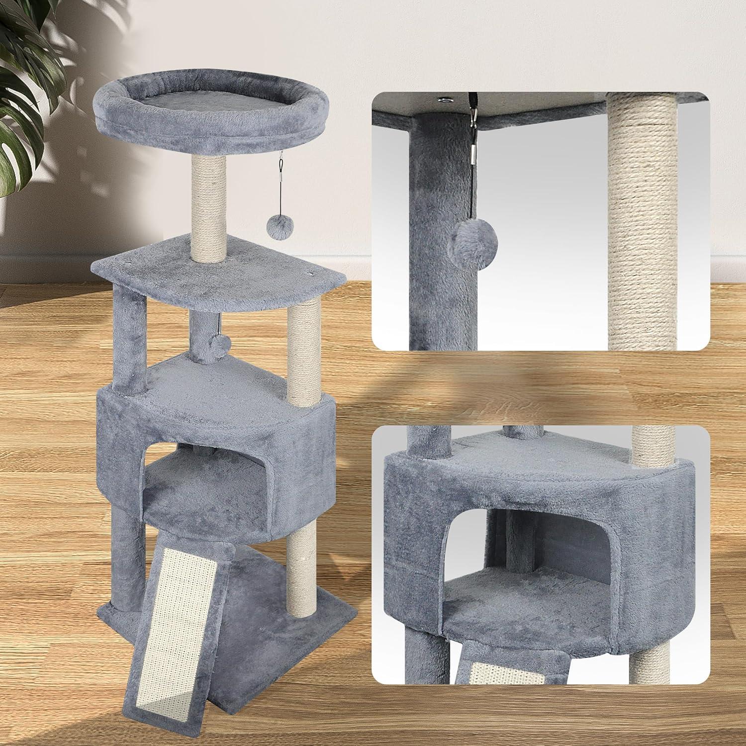 45" Gray Cat Tree Tower with Condo and Scratching Post