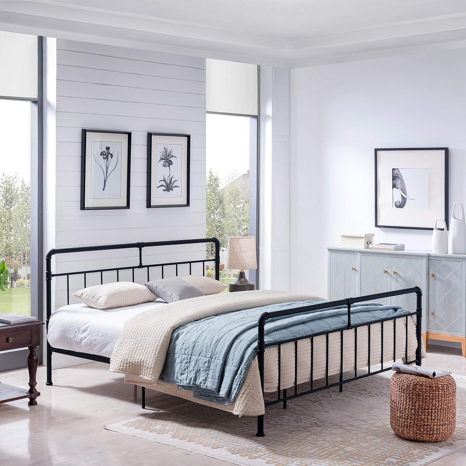 Cherrish King-Size Iron Bed Frame, Minimal, Industrial, Flat Black