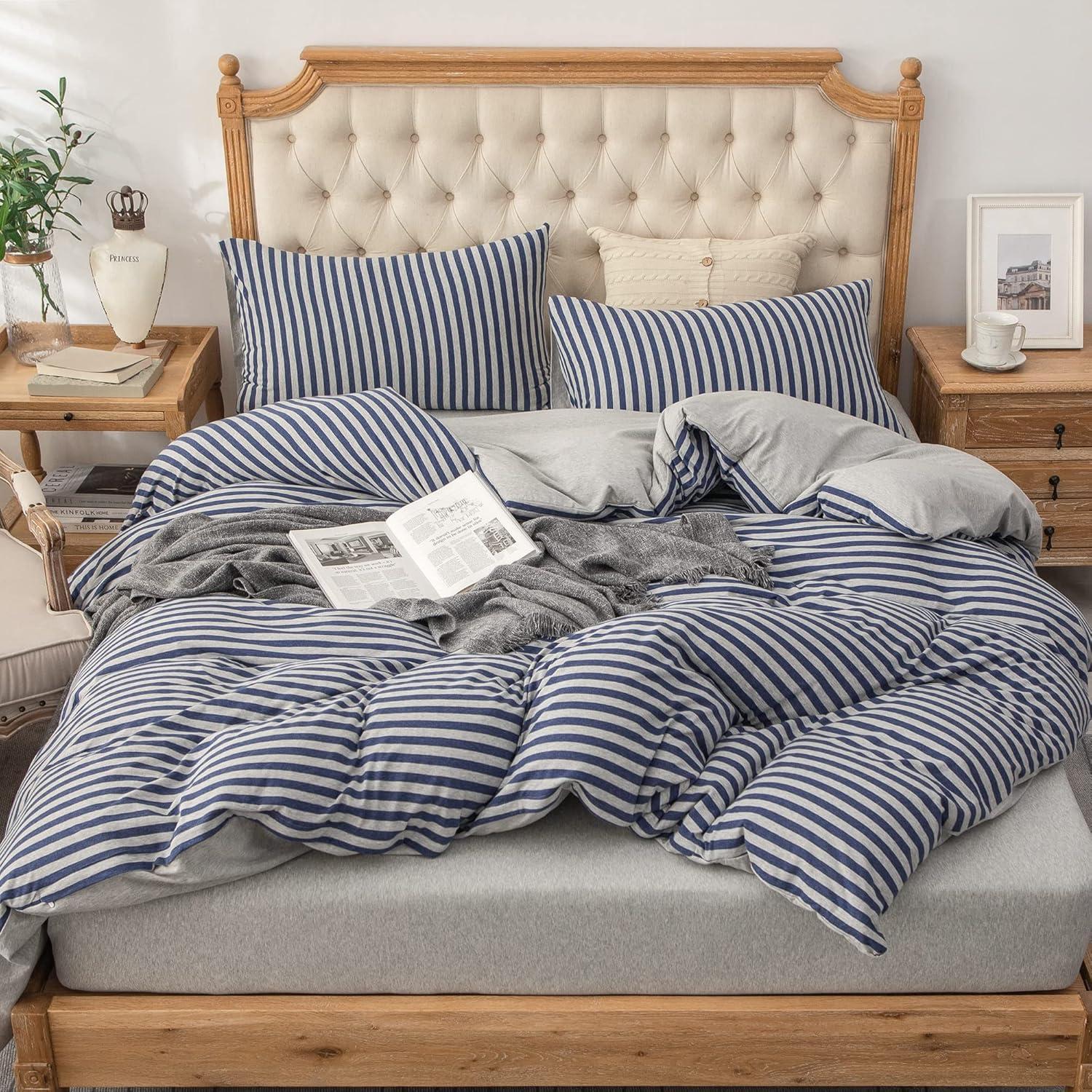 PURE ERA Jersey Knit 100% Cotton Striped Duvet Cover Set With Zipper Closure Reversible bedding,Blueish Grey Stripe, King Size