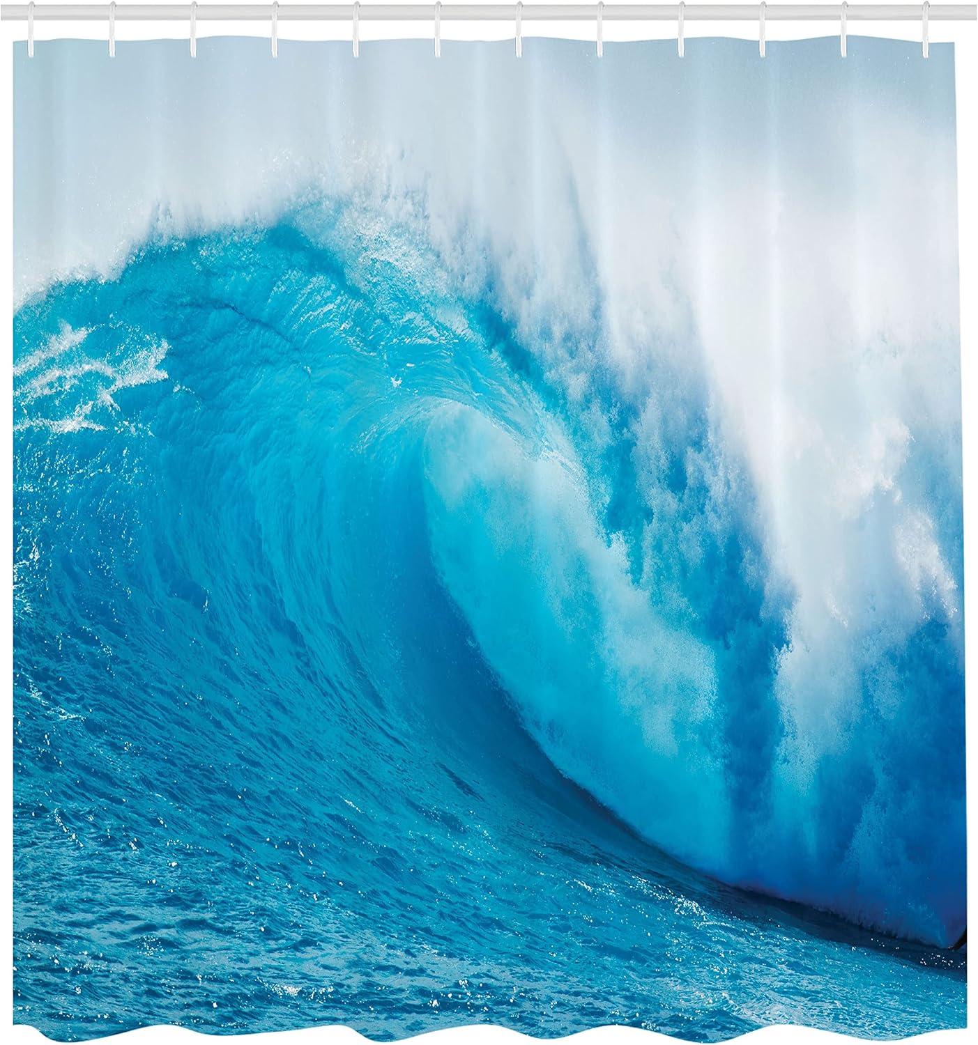 Aqua Blue Ocean Wave Fabric Shower Curtain Set