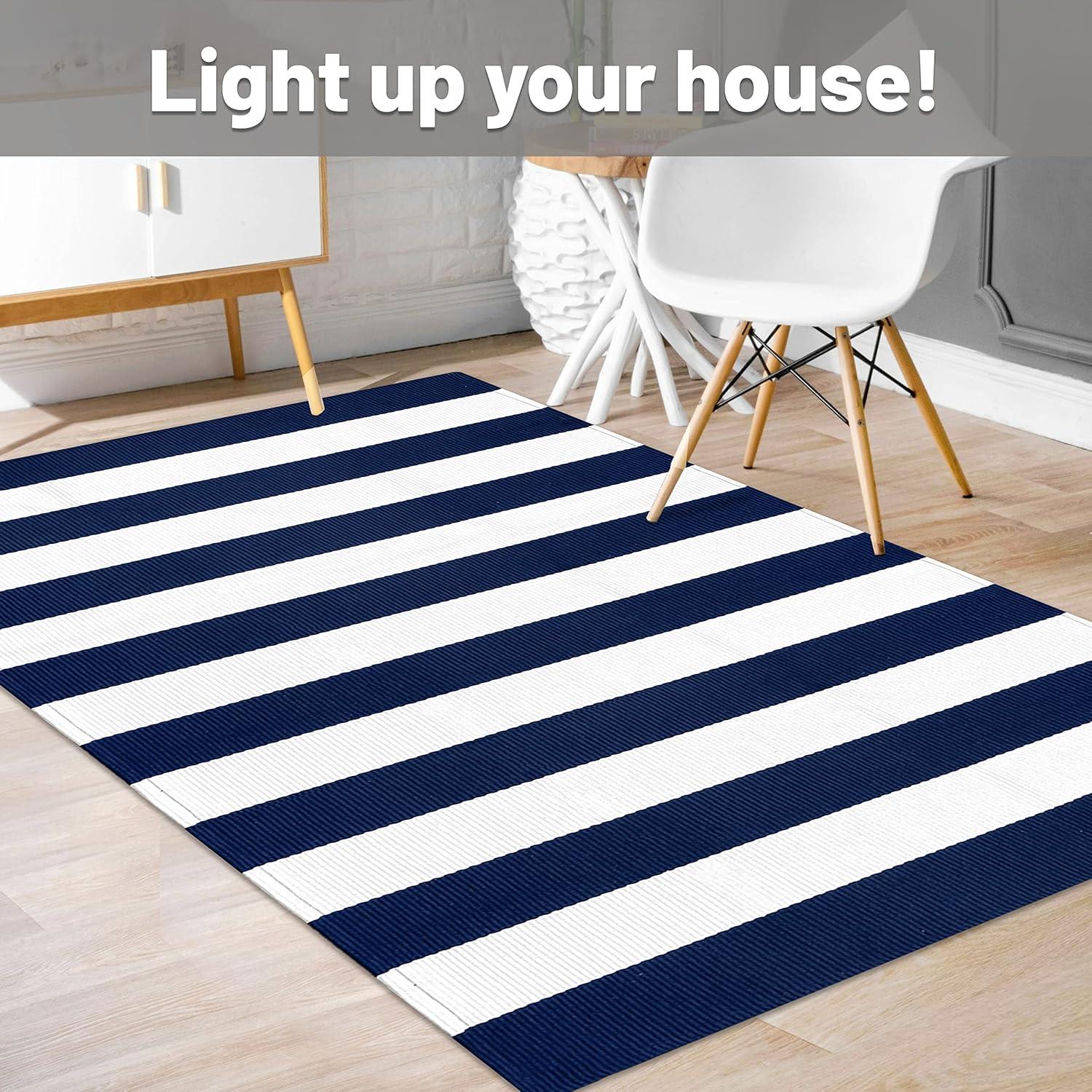 IOHOUZE Navy and White Striped Rug 2'x3' Front Door Rugs, Small Washable Area Rug for Front Porch, Spring Summer Doormats Outdoor Indoor, Cotton Rugs for Entryway Porch Entrance