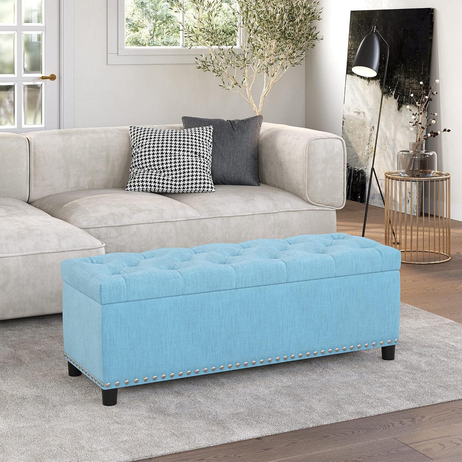 BELLEZE Button-Tufted Storage Ottoman Bench - Brentwood (Blue)