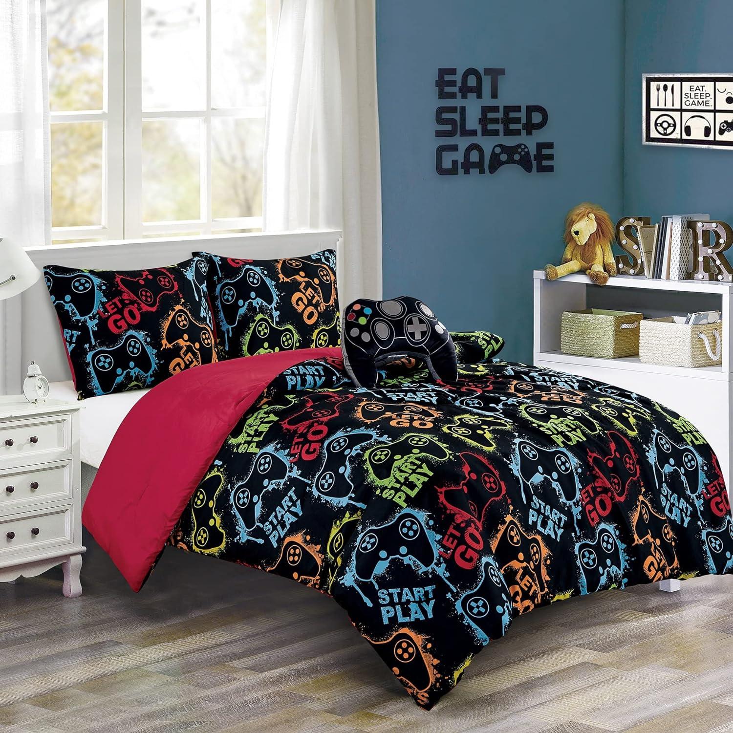 Full/Queen Black Multicolor Gamepad Microfiber Comforter Set