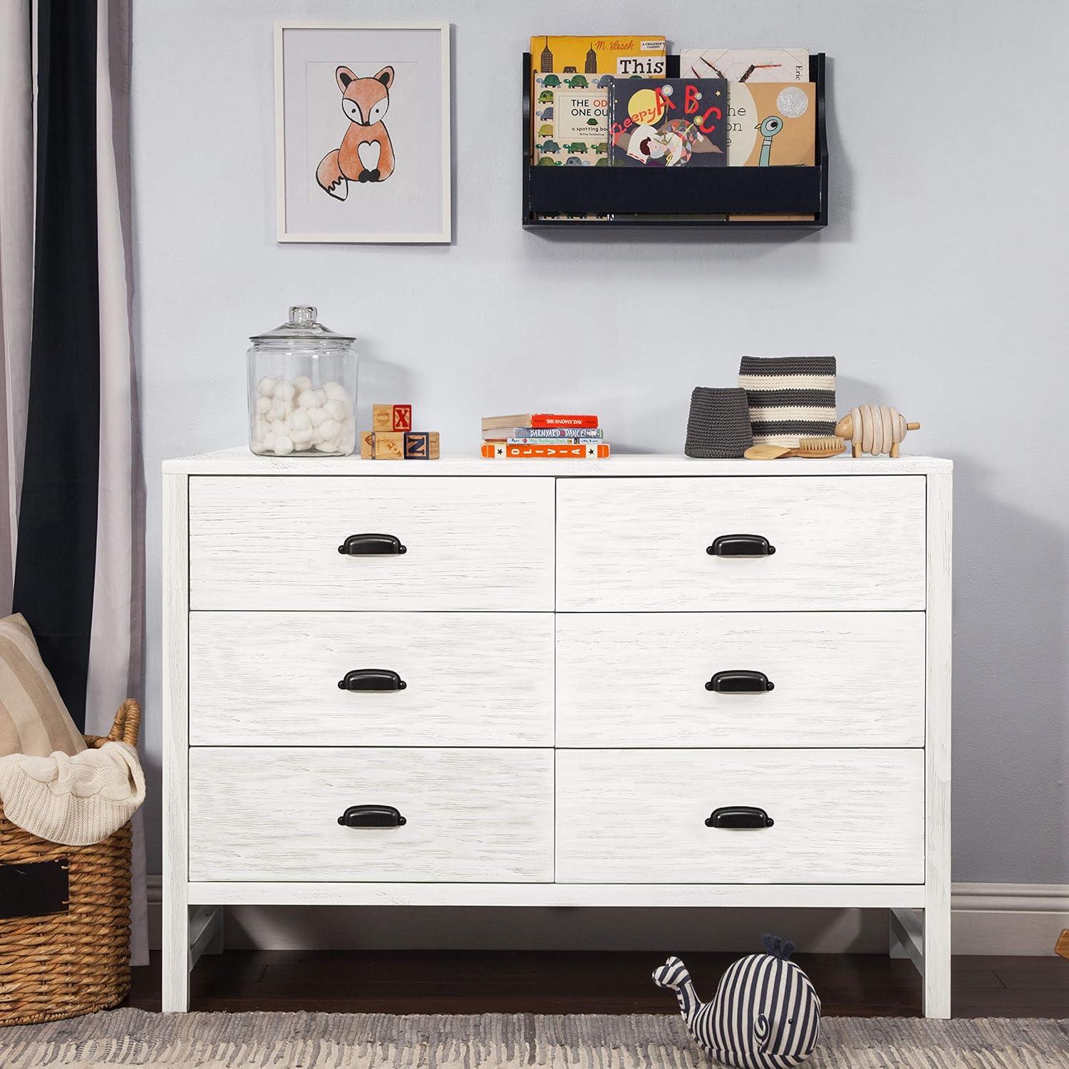 Cottage White Farmhouse Double Dresser with 6 Drawers