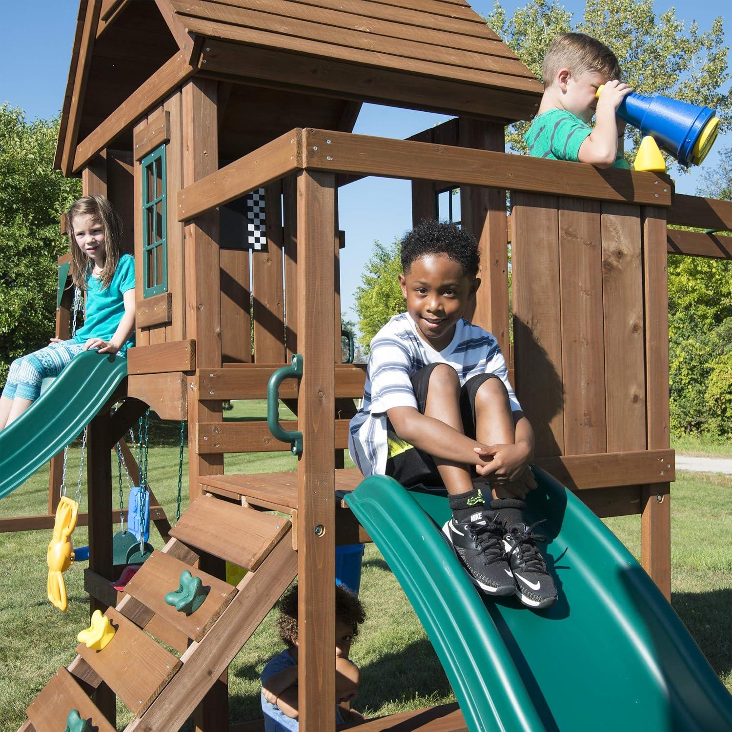 Swing-N-Slide Super Knightsbridge WS 8354 Wood Backyard Swing  Set with Two Wave Slides, Wood Roof, Monkey Bars, Rock Wall, Music Play, and Swings