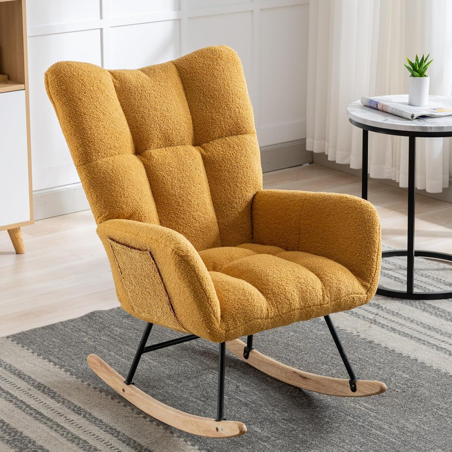 Nursery Rocking Chair Teddy, Upholstered Glider Rocker with High Backrest, Comfortable Stylish Accent Armchair with Padded Seat for Living Rooms, Bedrooms, Offices