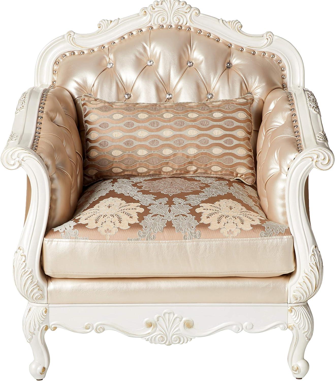 Pearl White Floral Faux Leather Accent Chair with Wood Accents
