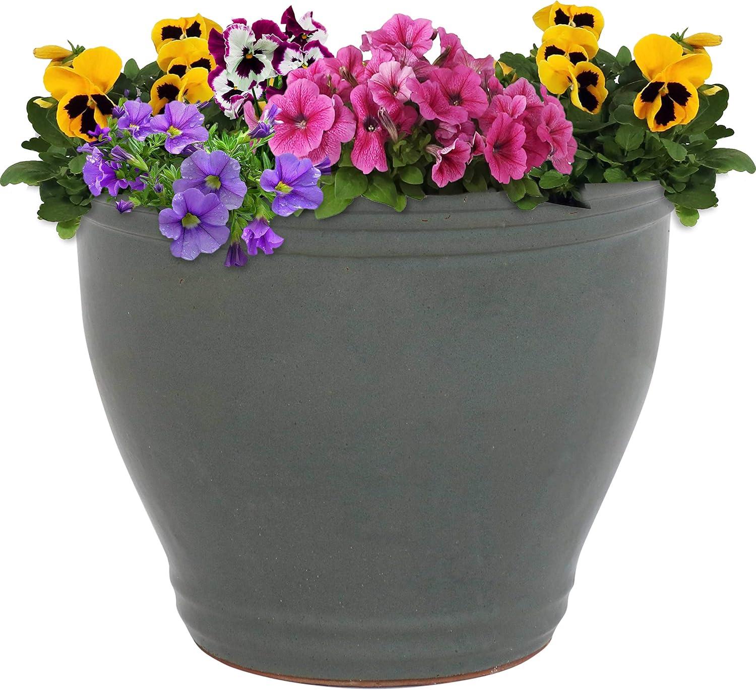 Sunnydaze Studio 15" High-Fired Glazed Gray Ceramic Planter