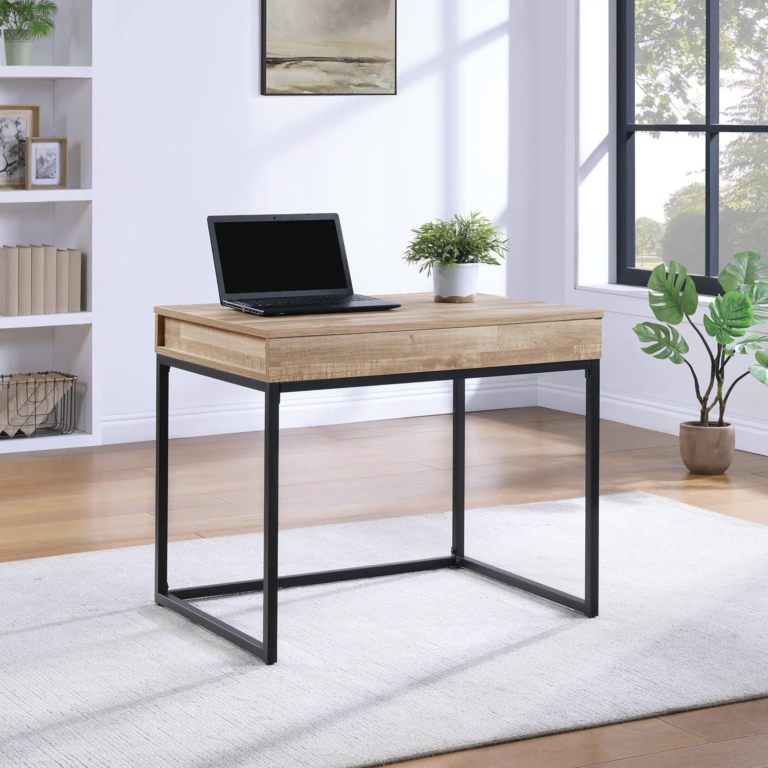 Medium Brown Woodgrain Sit and Stand Desk with Black Metal Frame