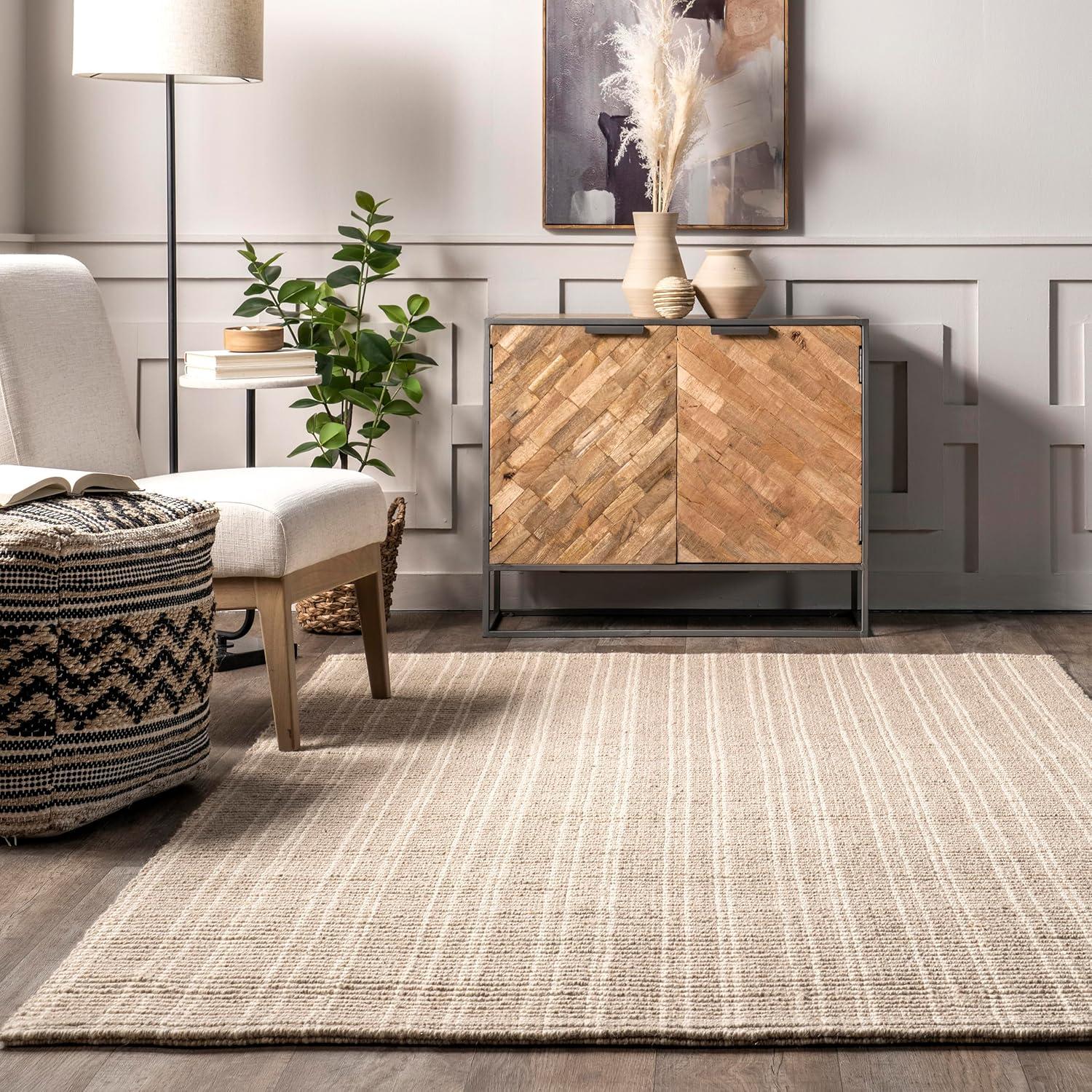 Nuloom Jolinn Striped 5x8 Wool Jute Indoor Area Rug for Dining Room Rug Neutral Rug Living Room Rug Kitchen, Natural/Ivory