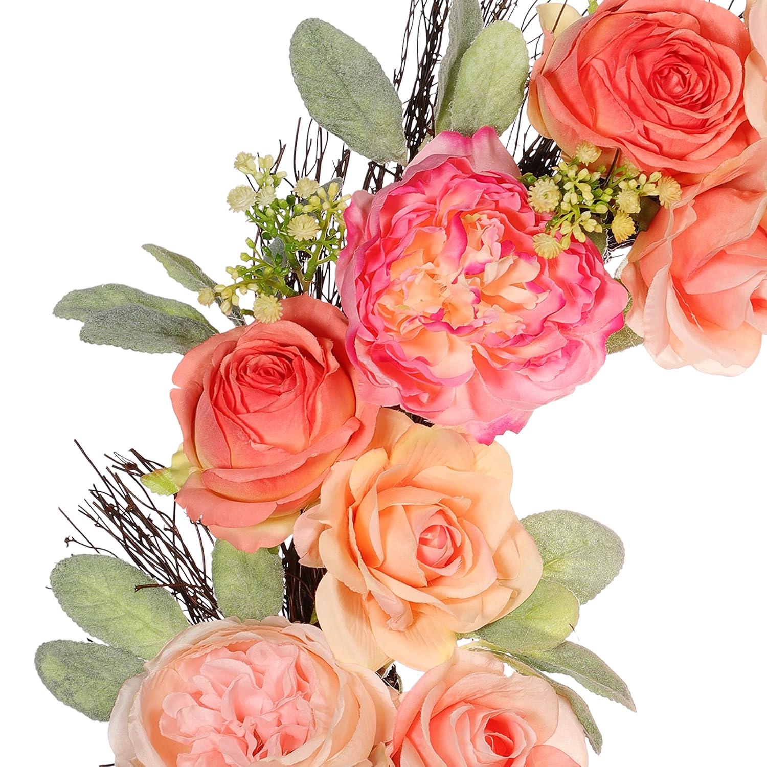 Puleo International 24 in. Artificial Peony, Rose Floral Spring Wreath with Green Leaves