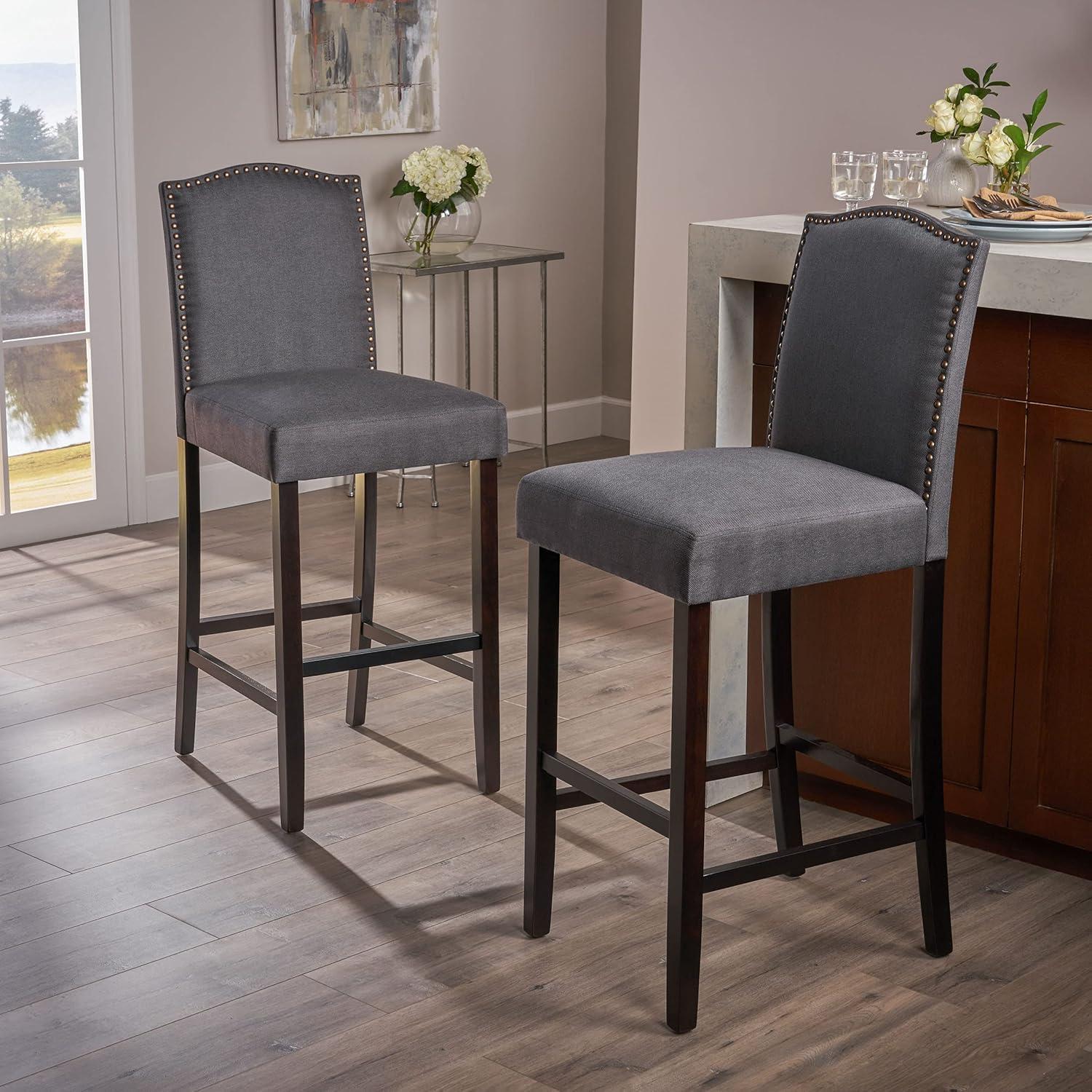 Dark Charcoal and Walnut Upholstered Barstools with Nailhead Trim, Set of 2