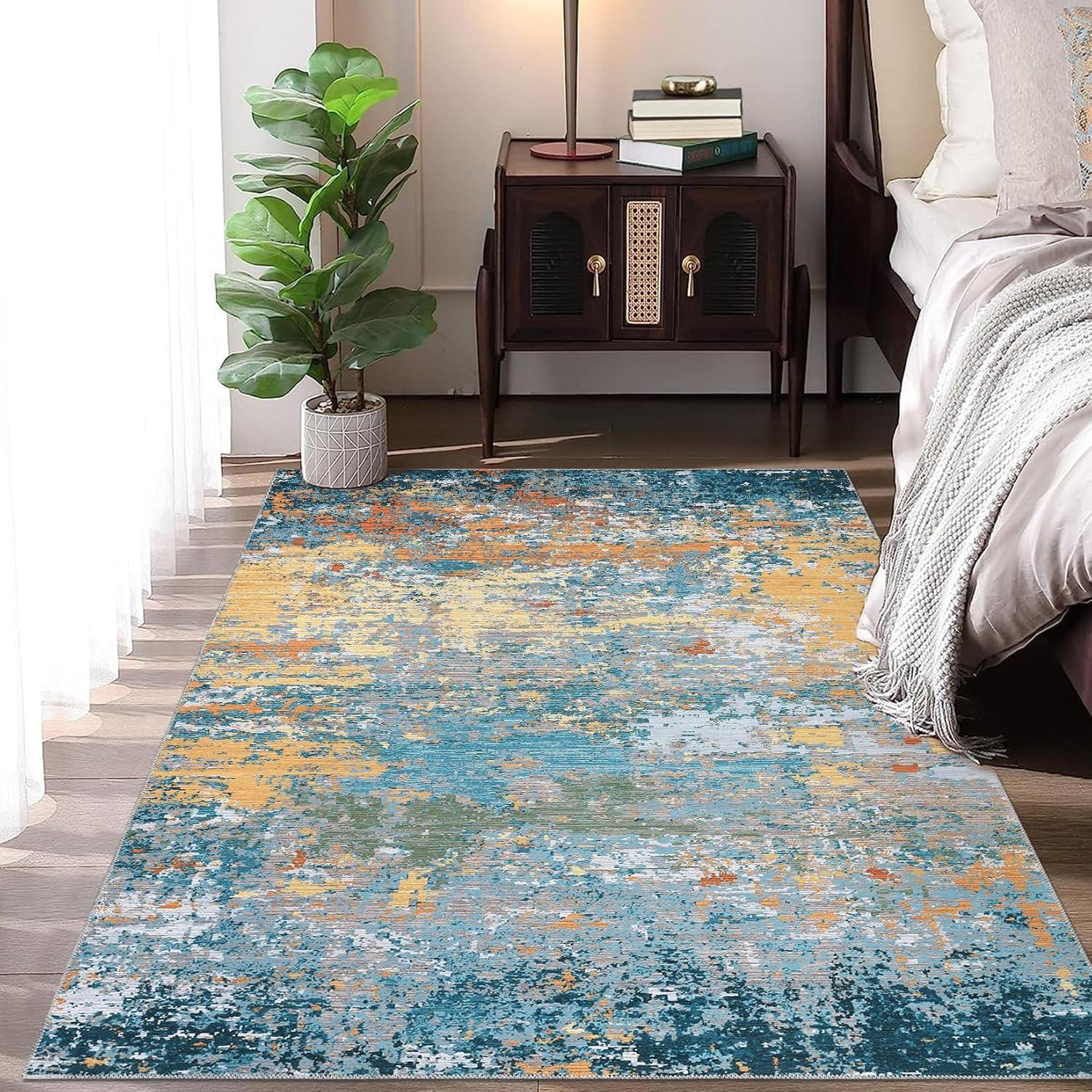 Moynesa 9'x12' Area Rug for Living Room Machine Washable Rugs Modern Abstract Low Pile Soft Mat Large Indoor Non-Slip Accent Carpet for Dining Room Table Apartment,Rosy