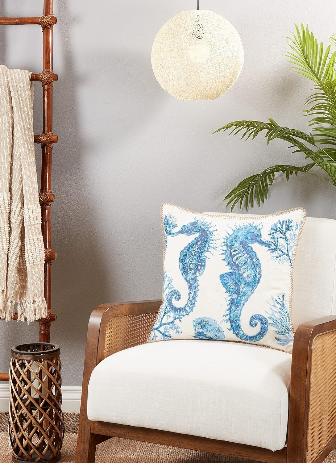 Navy Blue Cotton Sea Horse Design Throw Pillow Cover