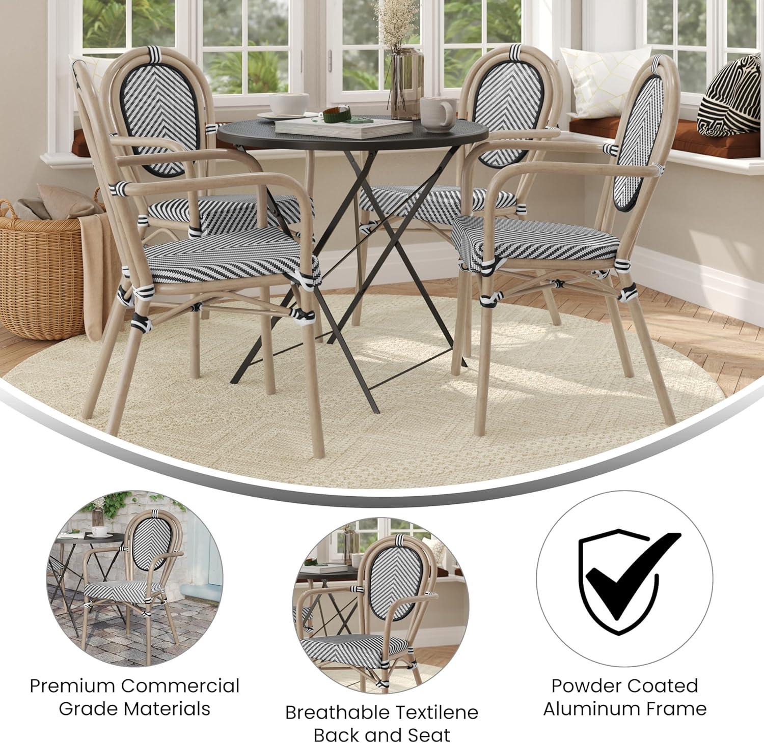 Merrick Lane Mael Set of Four Stacking Thonet Bistro Style Chair with Arms, Textilene Seat, and Bamboo Finished Metal Frame for Indoor/Outdoor Use