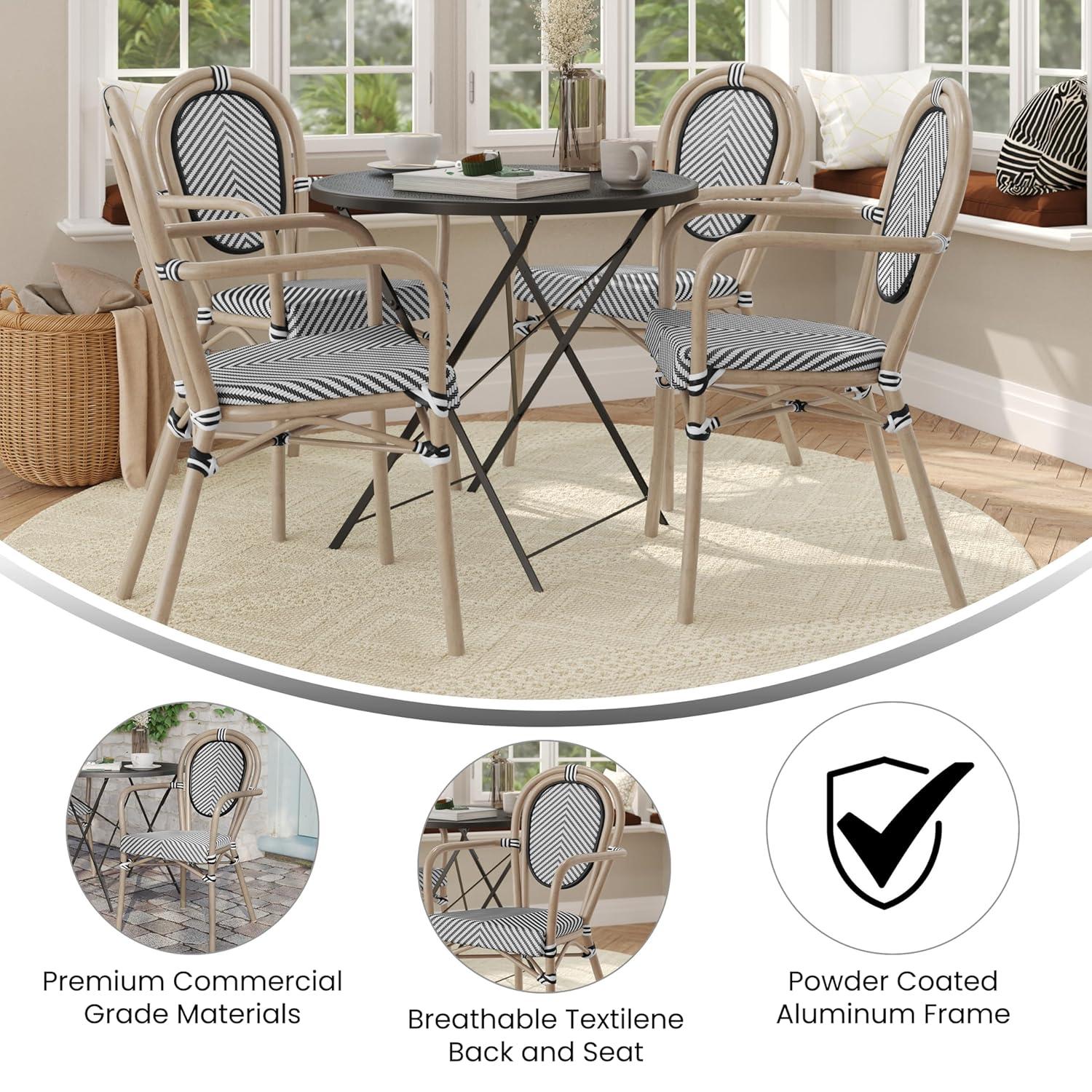 Merrick Lane Mael Set of Four Stacking Thonet Bistro Style Chair with Arms, Black & White Textilene Seat, & Bamboo Metal Frame for Indoor/Outdoor Use