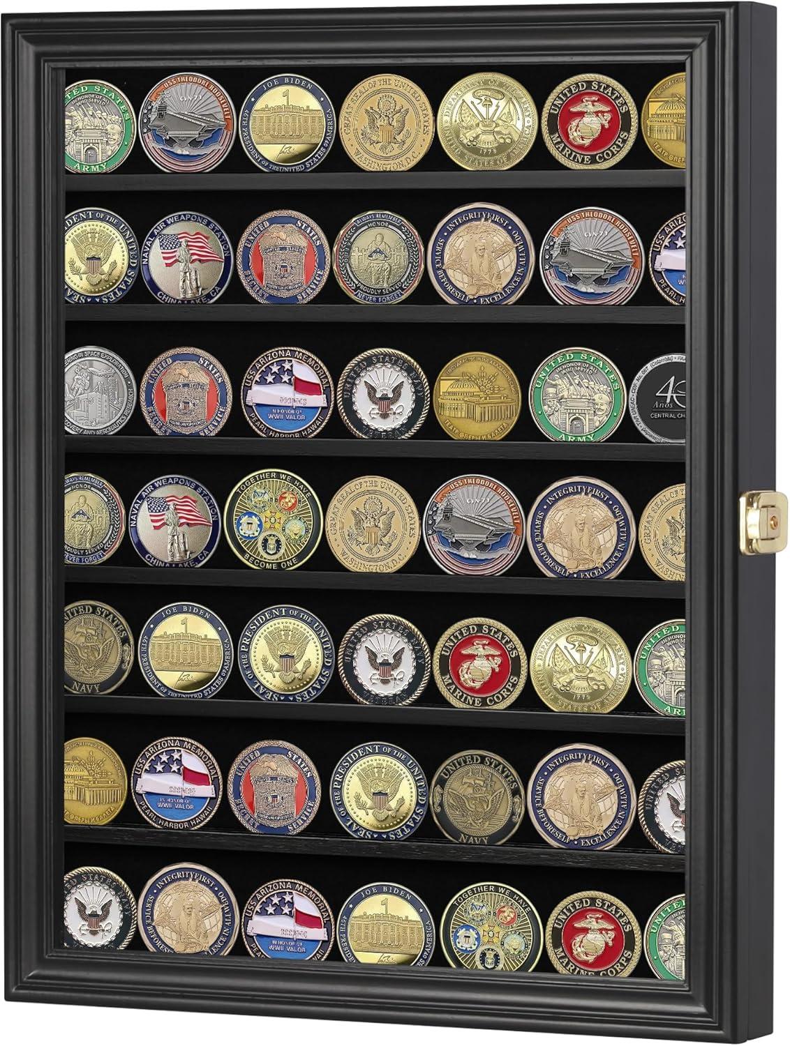 Challenge Coin / Casino Chip Display Case Cabinet Holder Shadow Box, Glass Door, Black (COIN56-BL)