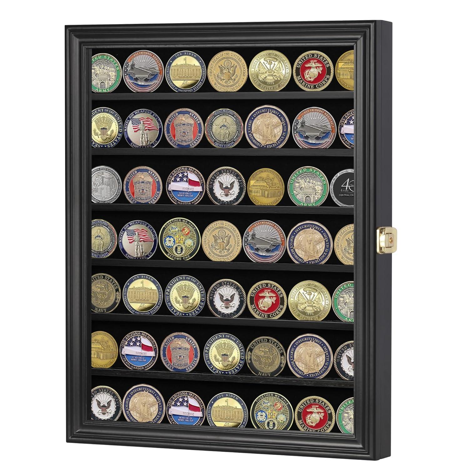 Challenge Coin / Casino Chip Display Case Cabinet Holder Shadow Box, Glass Door, Black (COIN56-BL)