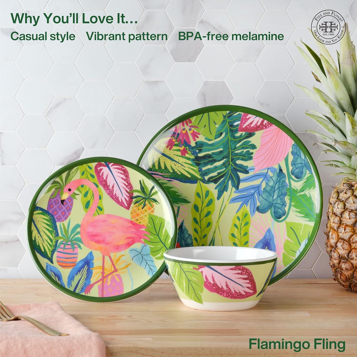 Flamingo Fling 12-Piece Multicolor Melamine Dinnerware Set