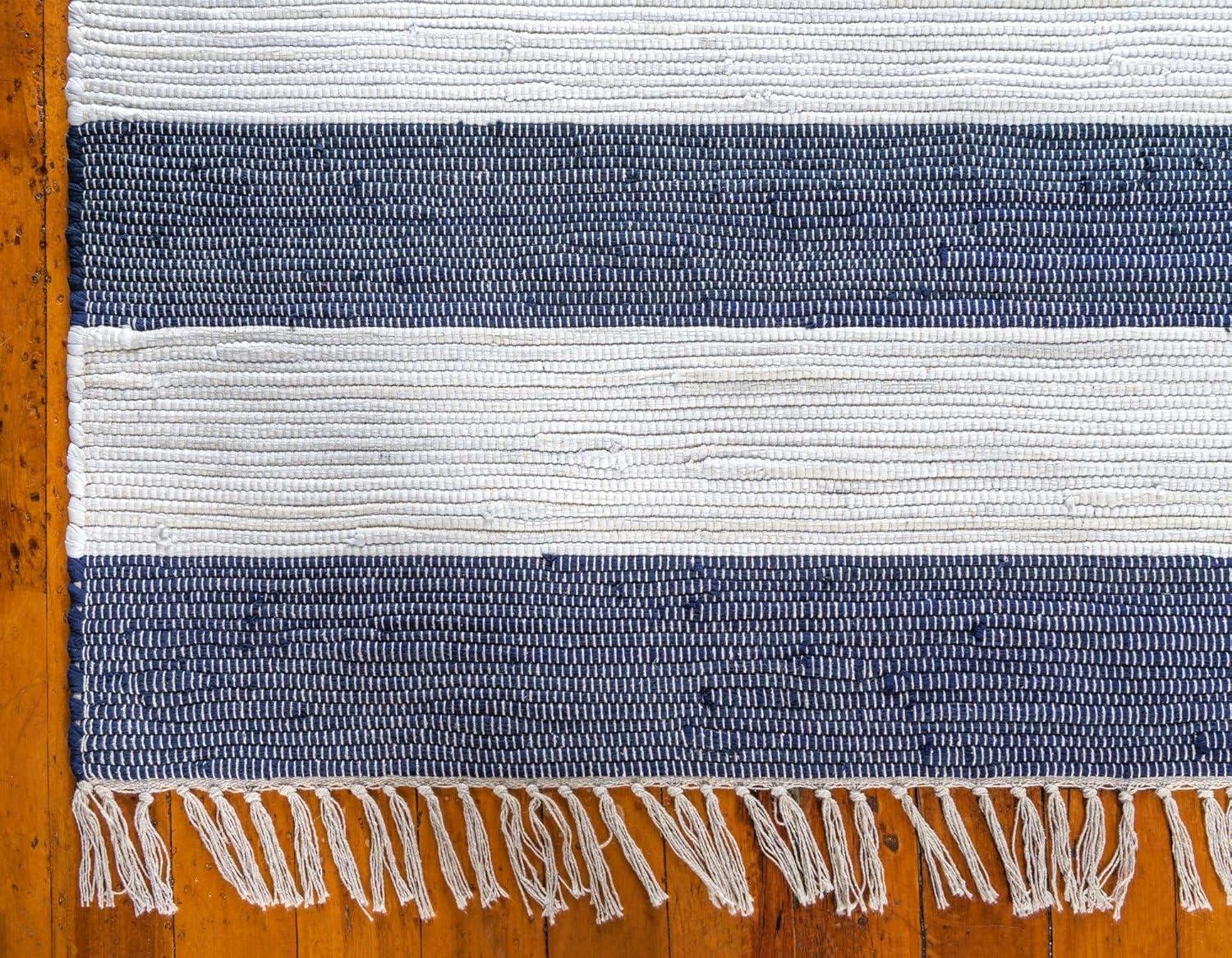 Unique Loom Chindi Rag Collection Area Rug - Striped (8'  x 10' Rectangle Navy Blue/Ivory)