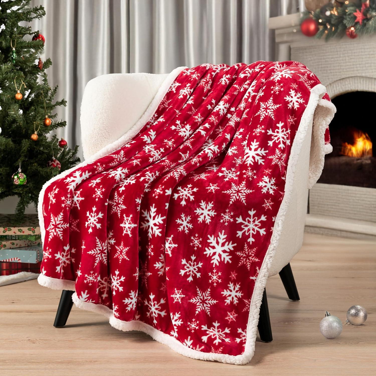 PAVILIA Soft Fleece Blanket Throw for Couch, Lightweight Plush Warm Blankets for Bed Sofa with Jacquard Pattern, Snowflake Red/Throw - 50x60