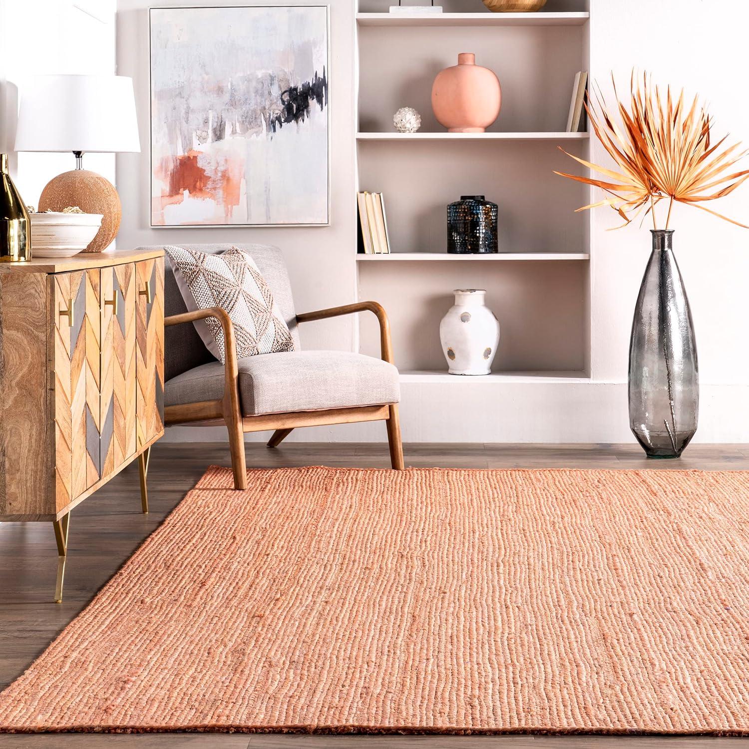 nuLOOM 8x10 Rigo Jute Hand Woven Area Rug, Peach, Solid Farmhouse Design, Natural Fiber, For Bedroom, Living Room, Dining Room, Hallway, Office, Kitchen, Entryway