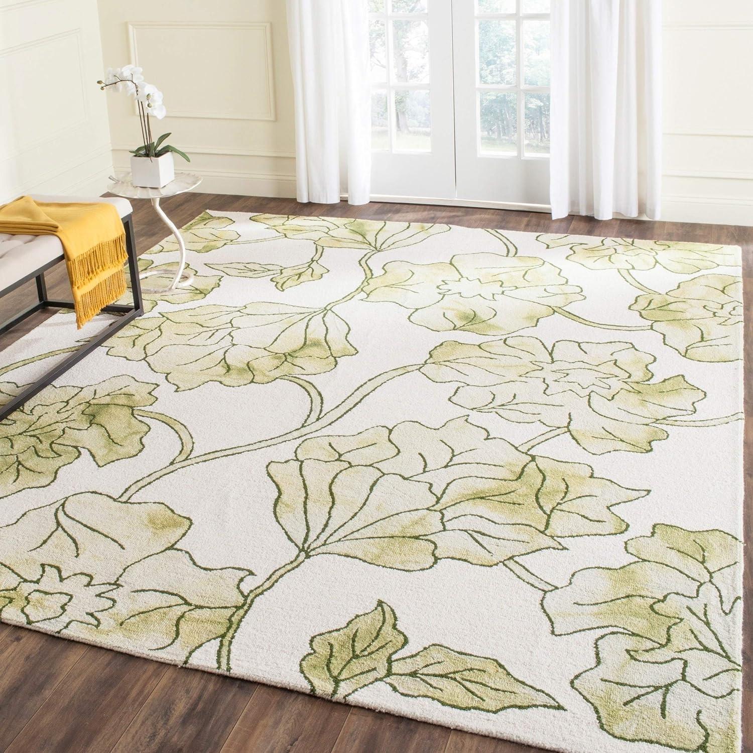 Ivory and Light Green Hand-Tufted Wool Square Area Rug, 5' x 8'