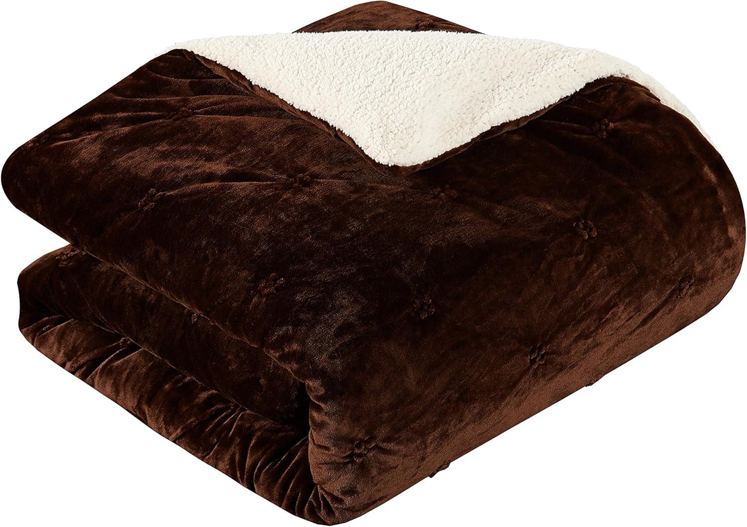 Enzo Pinch Pleated Ruffled & Pin Tuck Sherpa Lined Bed in a Bag Comforter Set - Brown - Queen - 3 Piece