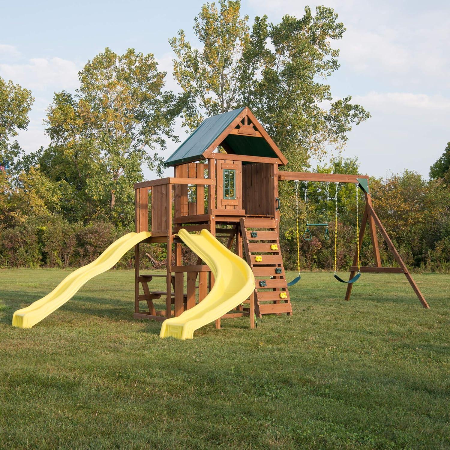 Swing-N-Slide Castlebrook Wooden Backyard Swing Set with Wave Slide, Curved Slide, Climbing Wall, and Swings