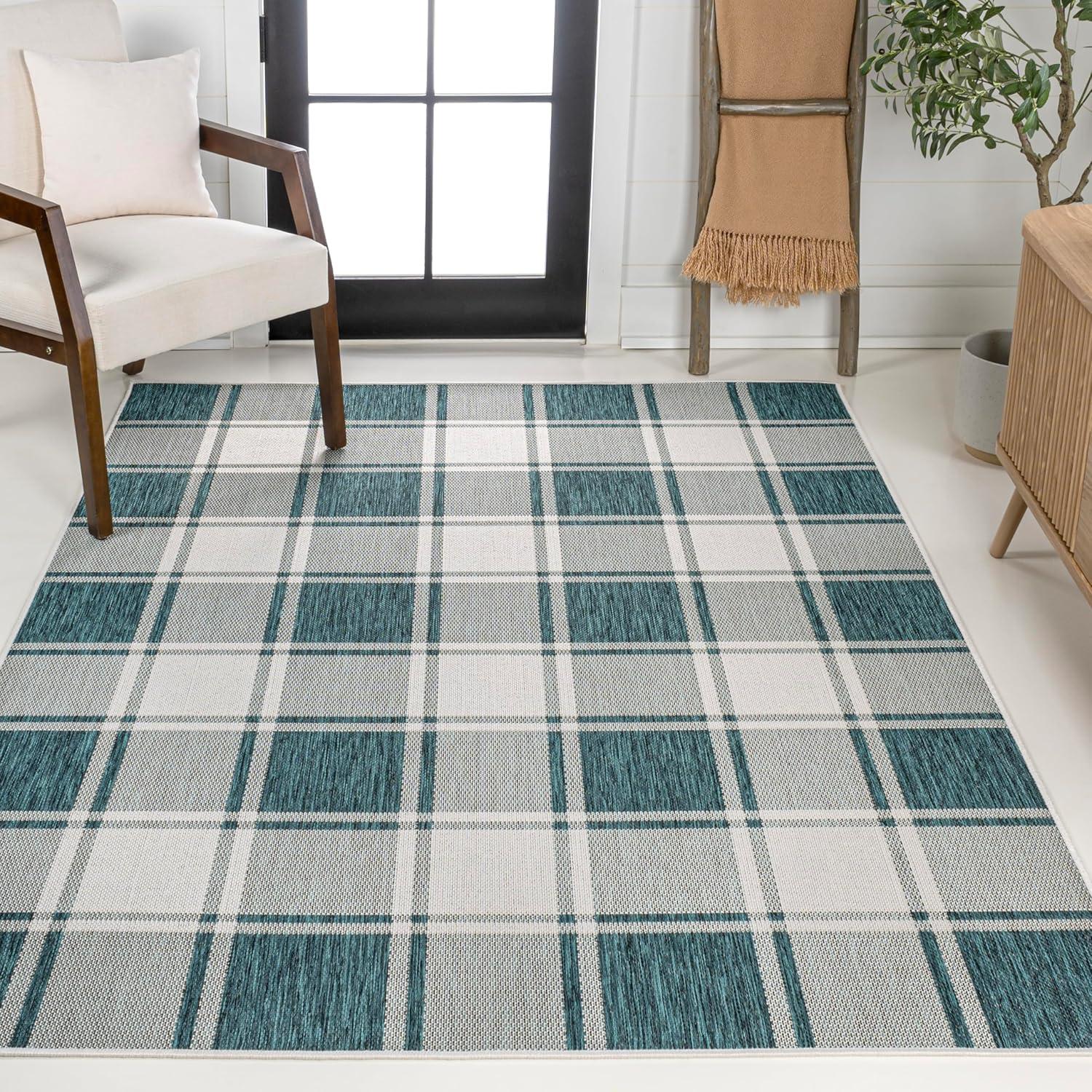 Sabine Traditional Farmhouse Bold Gingham Turquoise/Cream 8 ft. x 10 ft. Indoor/Outdoor Area Rug