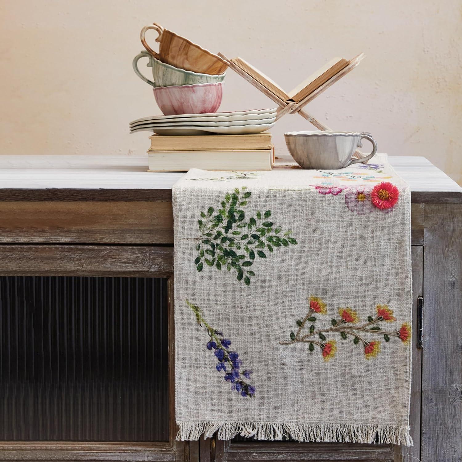Bloomingville Long Slub Printed Rectangle Table Runner with Flowers, Embroidery and Fringe, Multicolor